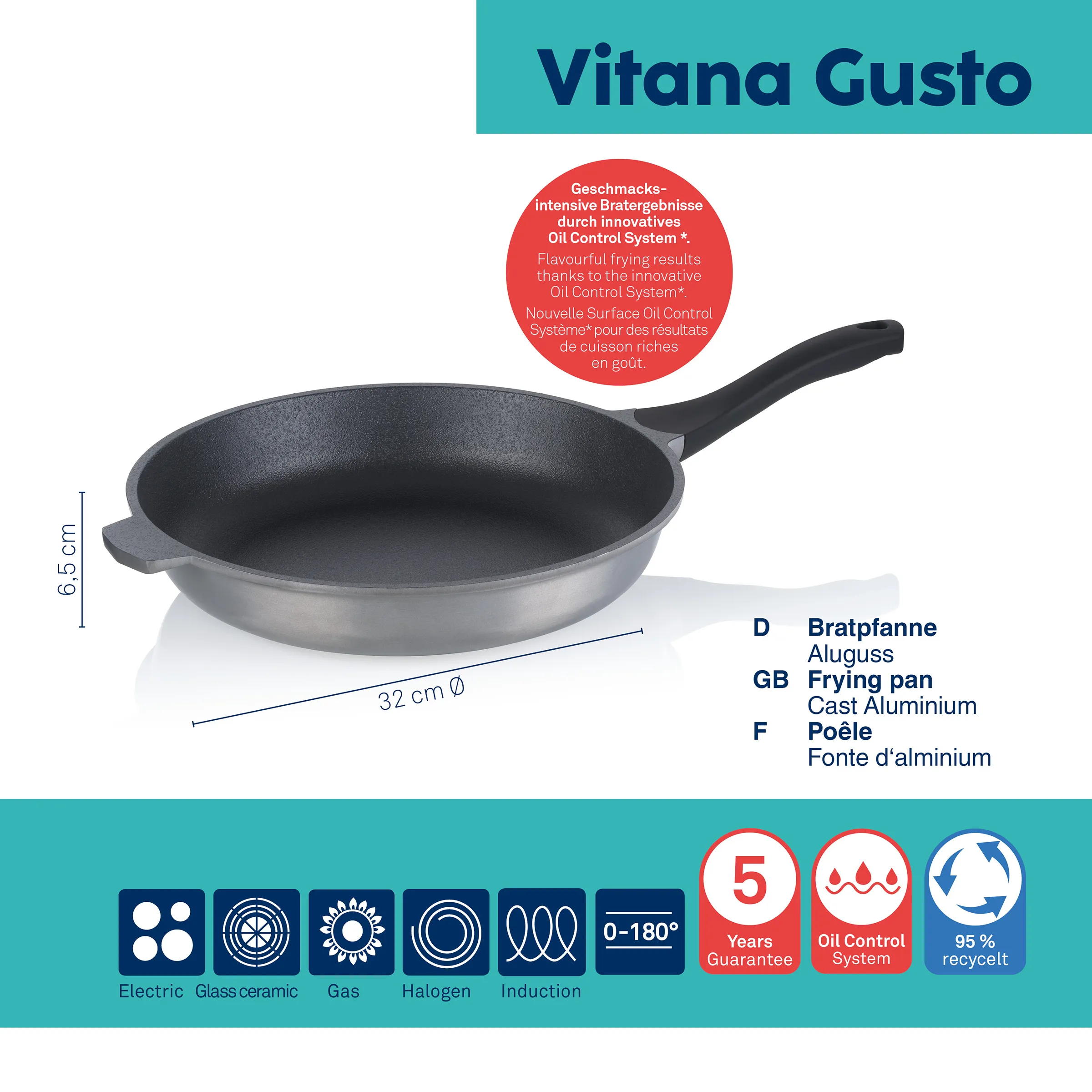 Vitana Gusto Bratpfanne Aluguss 32cm mit Oil Control System - Antihaft-Pfanne für Induktion Vitana Gusto Bratpfanne 32 cm aus Aluguss mit Oil Control System, 5 Jahre Garantie, für alle Herdarten