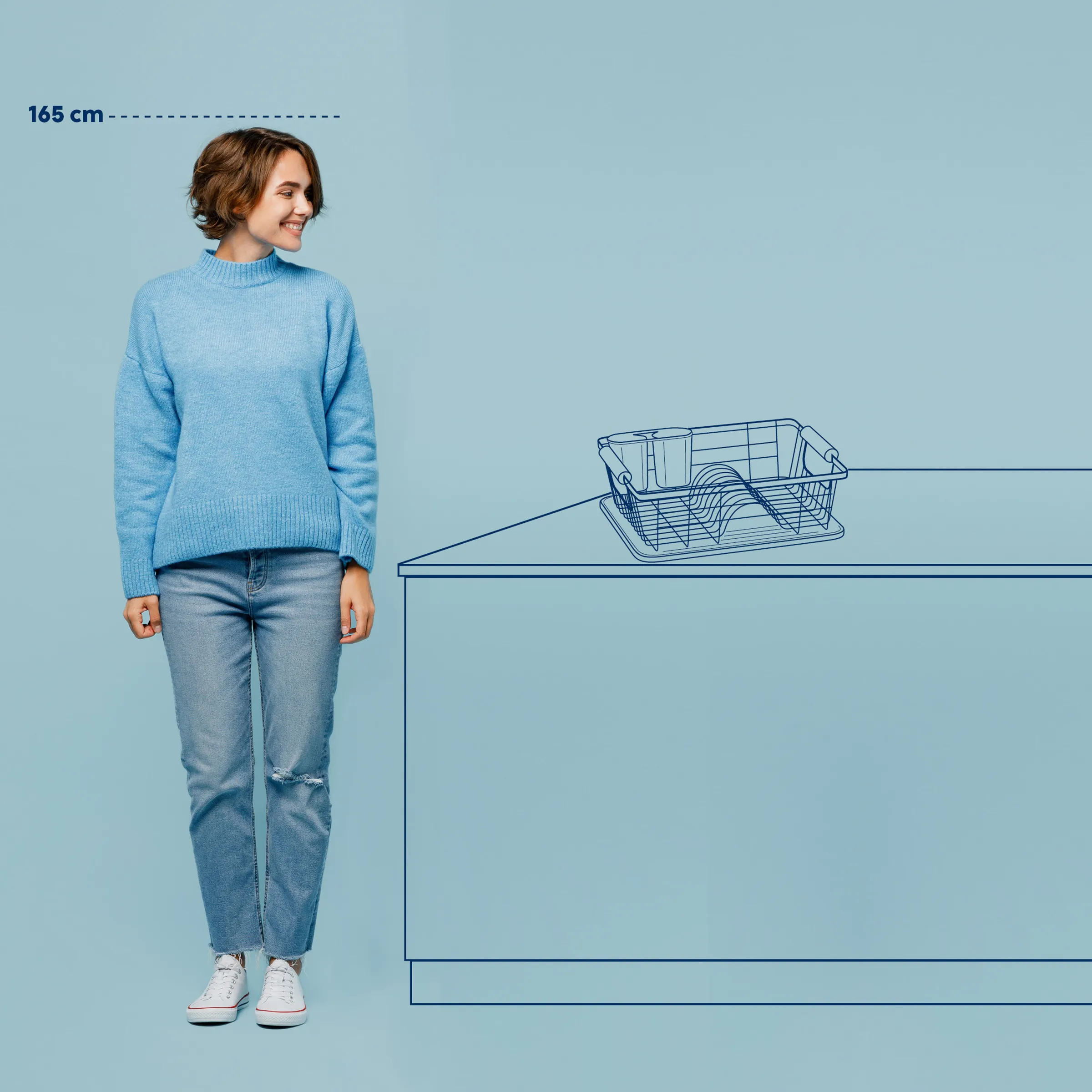 Frau mit blauem Pullover und Jeans neben einer Geschirrspülmaschinen-Korb-Illustration auf hellblauem Hintergrund. Körpergröße 165 cm.