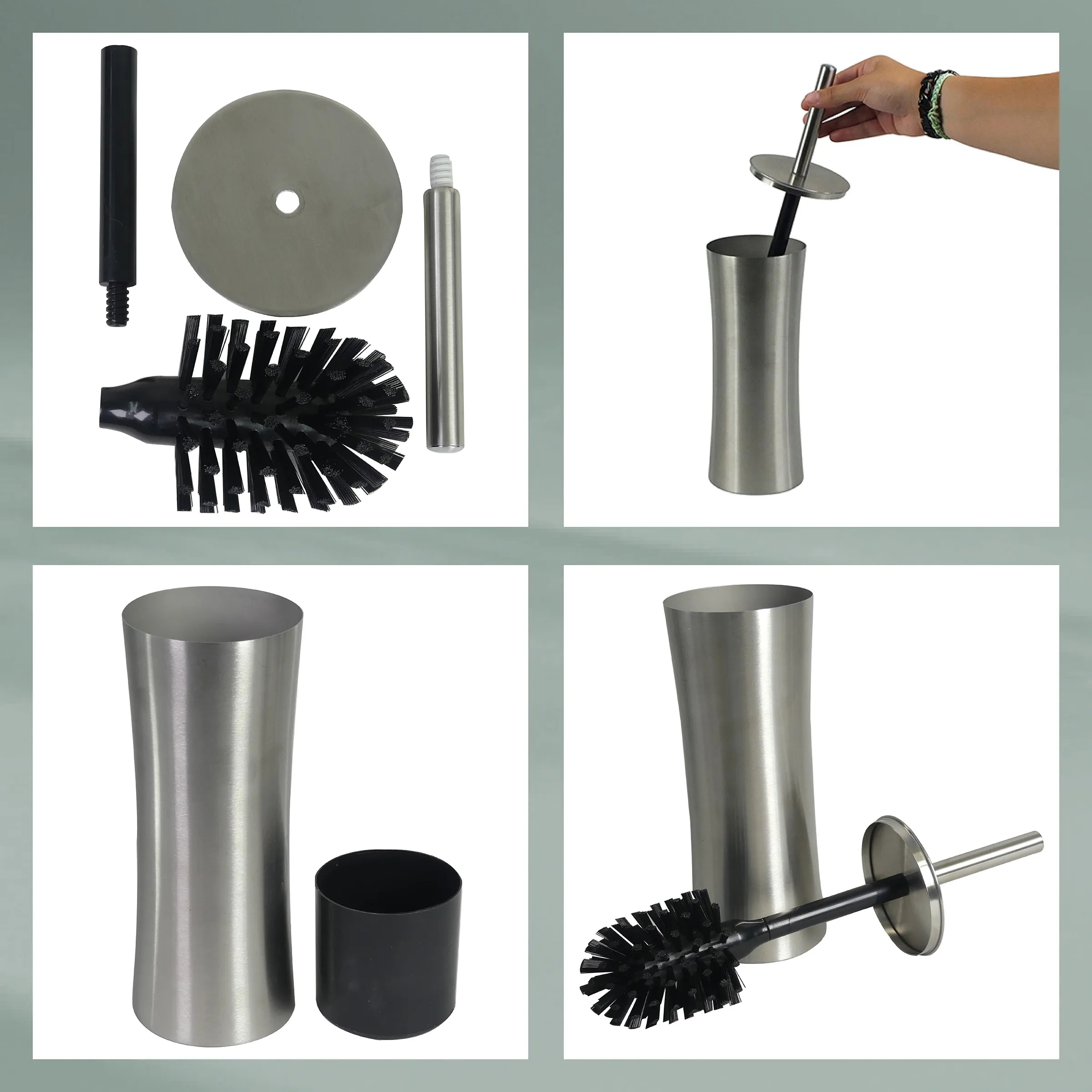 Toilettenbürste mit Edelstahlbehälter Set Toilettenbürsten-Set mit Edelstahlbehälter, Bürste, Scheibe und Ersatzteilen in vier Ansichten