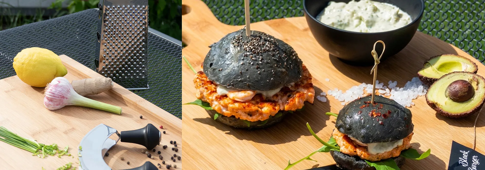 Schwarze Burger Rezept - Gourmet Burger selber machen Zubereitungsschritte für schwarze Burger mit Zutaten wie Zitrone, Schalotten, Avocado und Dip auf Holzbrett