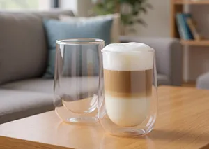 Doppelwandige Thermogläser für Latte Macchiato - Kaffee Gläser Set Zwei doppelwandige Thermogläser mit Latte Macchiato auf Holztisch in modernem Wohnzimmer