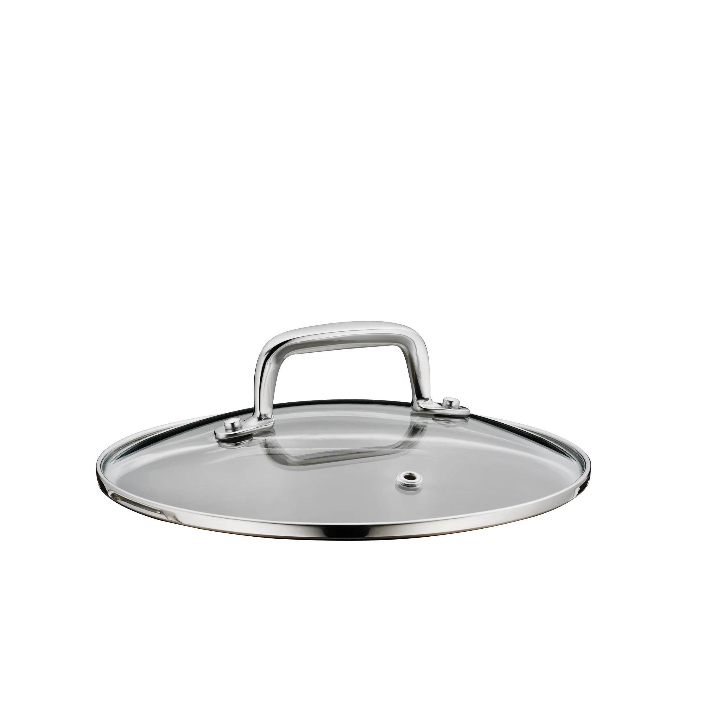 Glasdeckel mit Edelstahlgriff und Dampfventil für Töpfe und Pfannen Glasdeckel mit Edelstahlgriff und Dampfventil auf weißem Hintergrund
