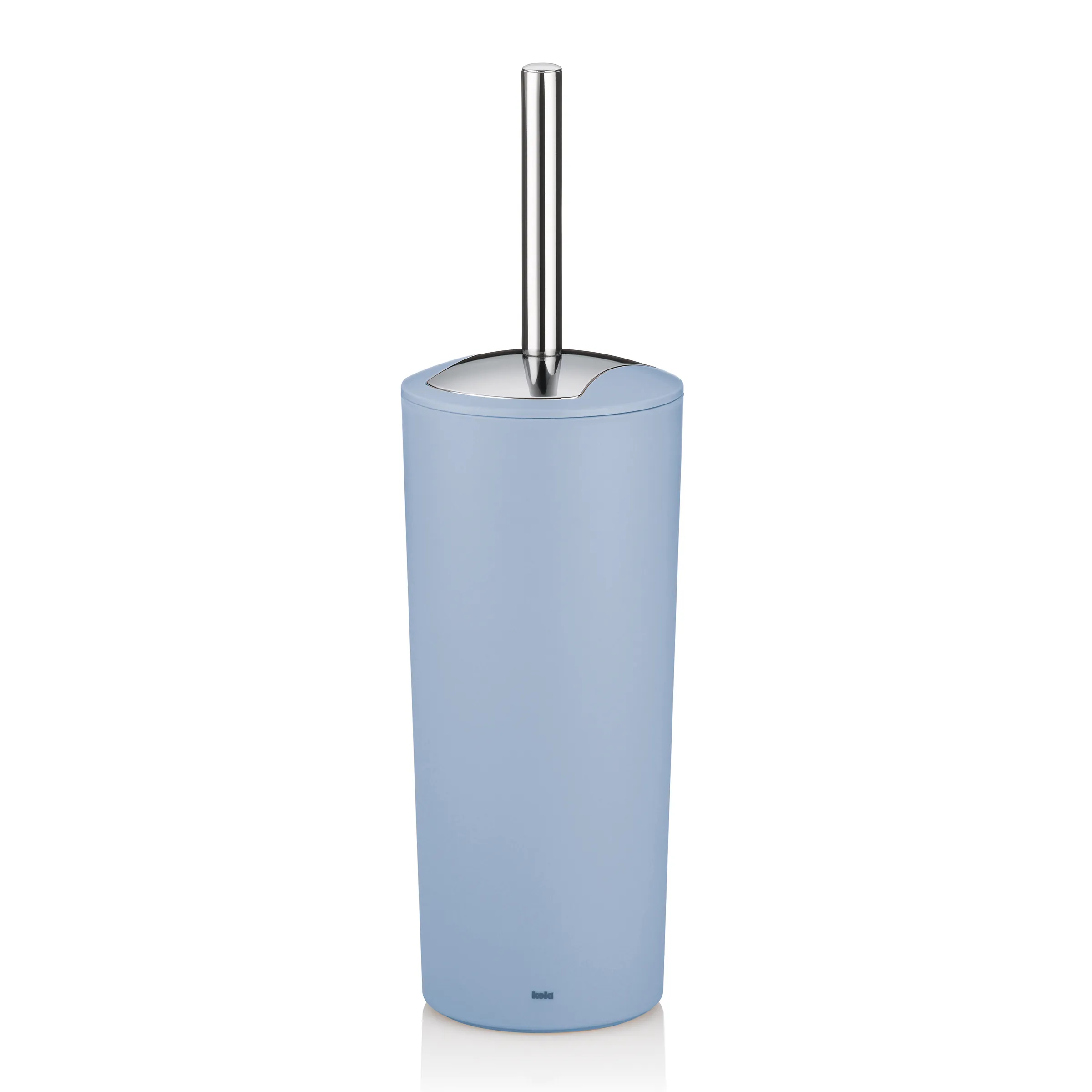 Toilettenbürste blau - moderner Badezimmer Halter Hellblauer Toilettenbürsten-Halter mit Deckel und glänzendem Edelstahlgriff auf weißem Hintergrund