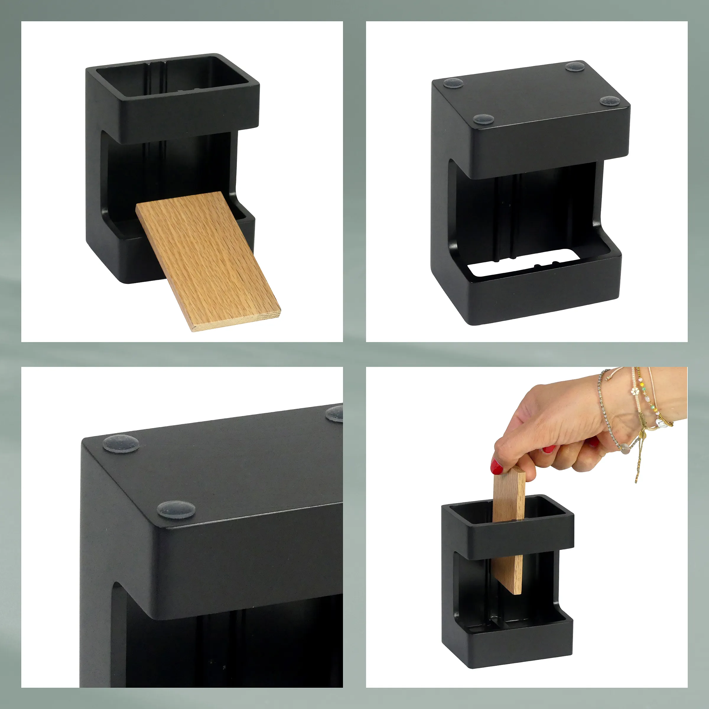 Armband Organizer Box - Schmuck Aufbewahrung Schwarze Armband-Organizer-Box mit vier Ansichten: oben mit Holzstab, geschlossen und in Gebrauch mit Hand