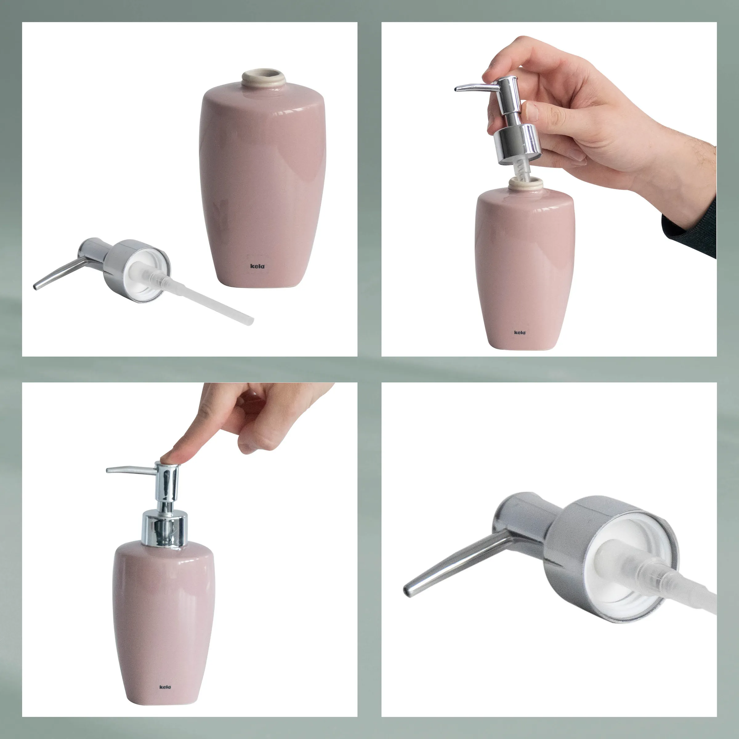 Seifenspender Rosa - Keramik Pumpspender Rosa Seifenspender mit Pumpzerstäuber in verschiedenen Perspektiven und Detailansichten