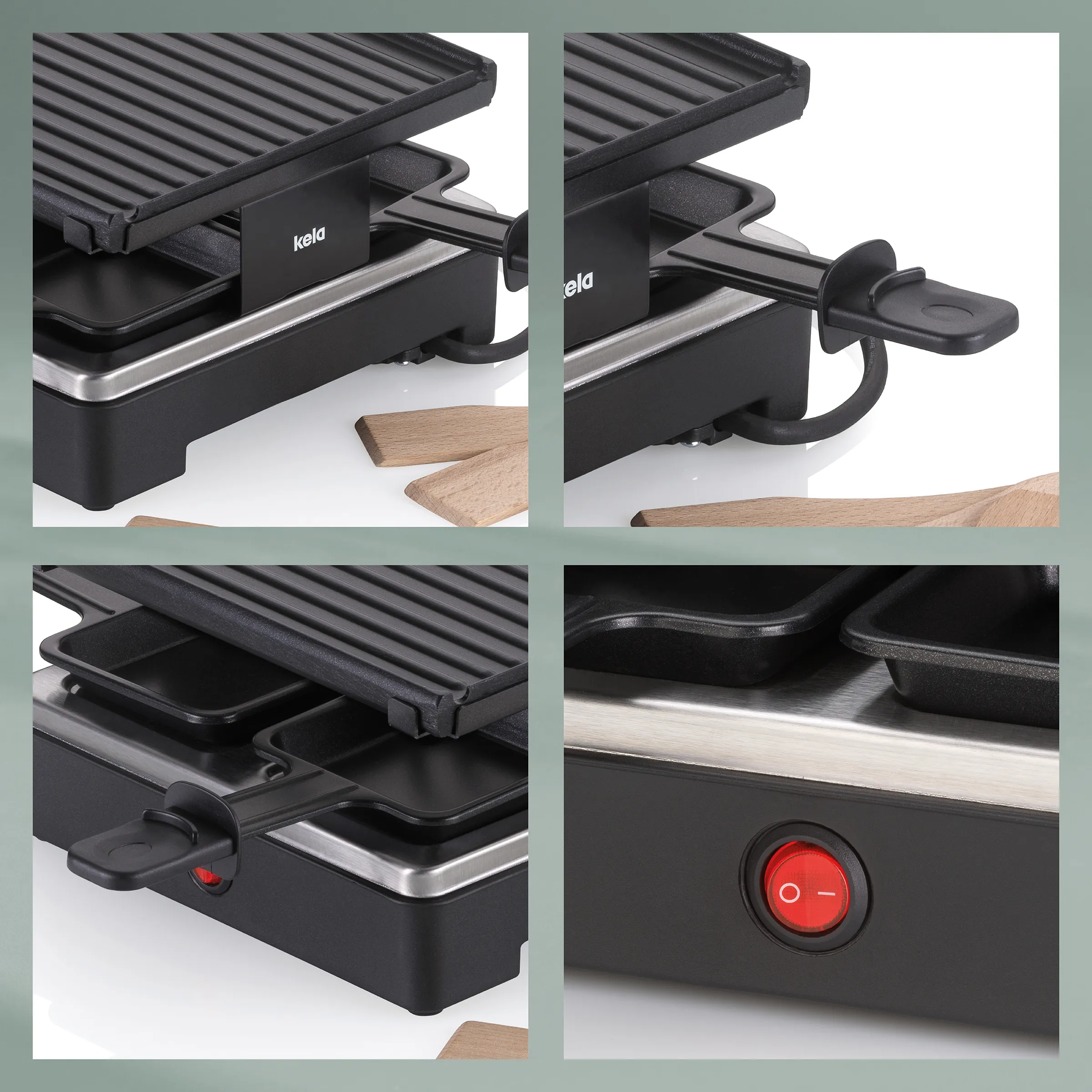 Raclette-Grill Details - Antihaftbeschichtung und Bedienelemente Kela Raclette-Grill Detailansichten: Antihaftbeschichtete Grillplatte, Holzspatel, seitliche Verschlüsse und roter Ein-/Ausschalter