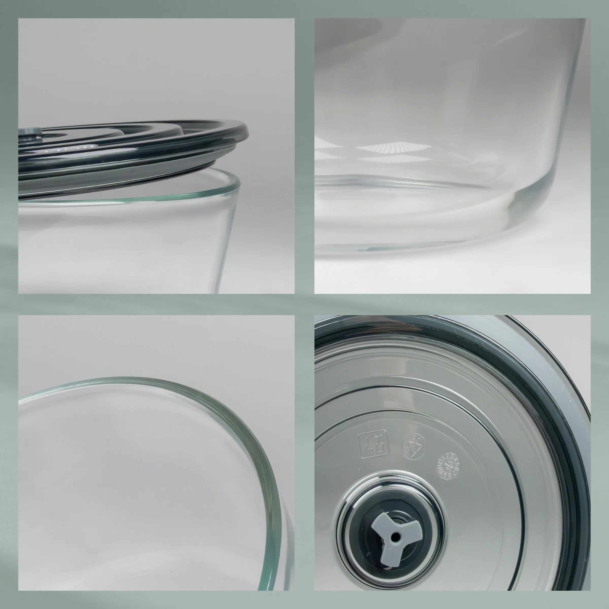 Glasschüssel mit Deckel - Moderne Küchenboxen und Glasbehälter Vier detaillierte Aufnahmen einer modernen Glasschüssel mit Deckel und schwarzem Rand aus verschiedenen Blickwinkeln