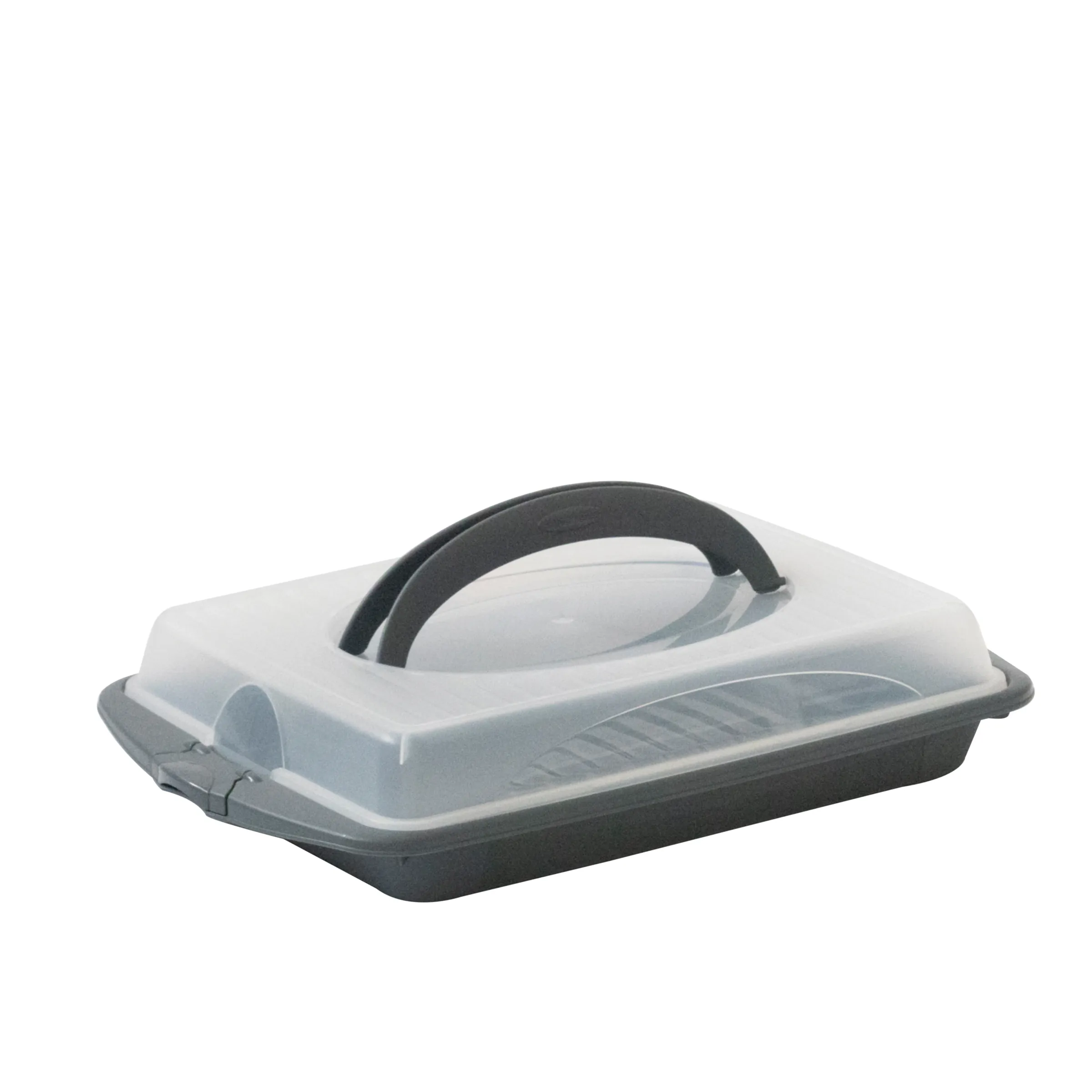 Grauer Backofen-Transportbehälter mit transparentem Deckel und schwarzem Griff für Auflaufformen