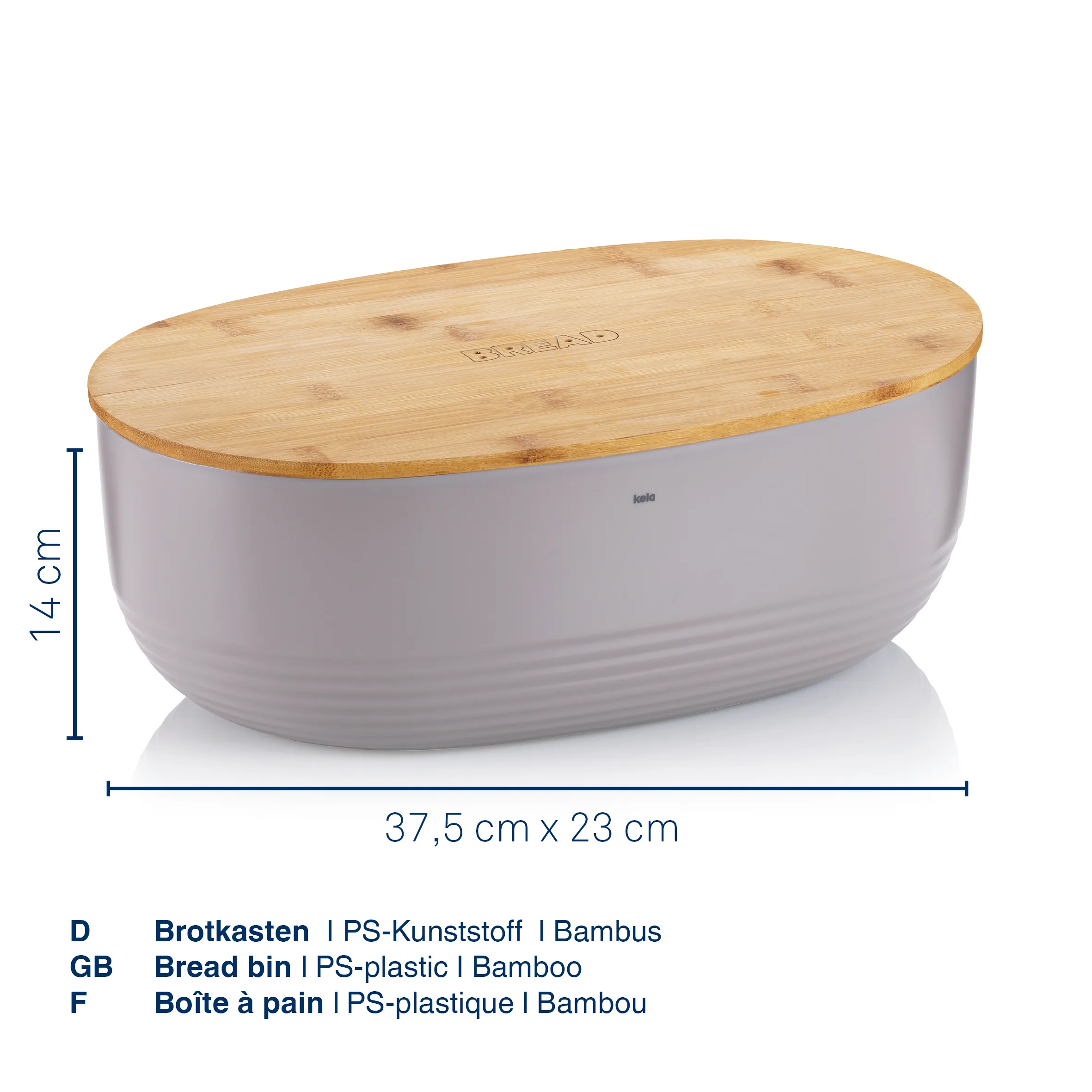 Brotkasten mit Bambusdeckel grau Grauer Brotkasten aus PS-Kunststoff mit Bambusdeckel, Abmessungen 37,5 cm x 23 cm x 14 cm