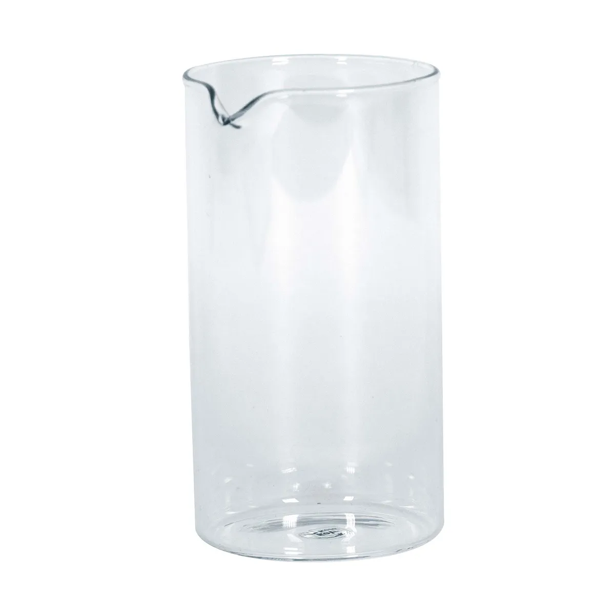 Glaskanne mit Ausgießer - Wasserkanne für Küche Transparente Glaskanne mit Ausgießer, zylindrische Form, leer, auf weißem Hintergrund