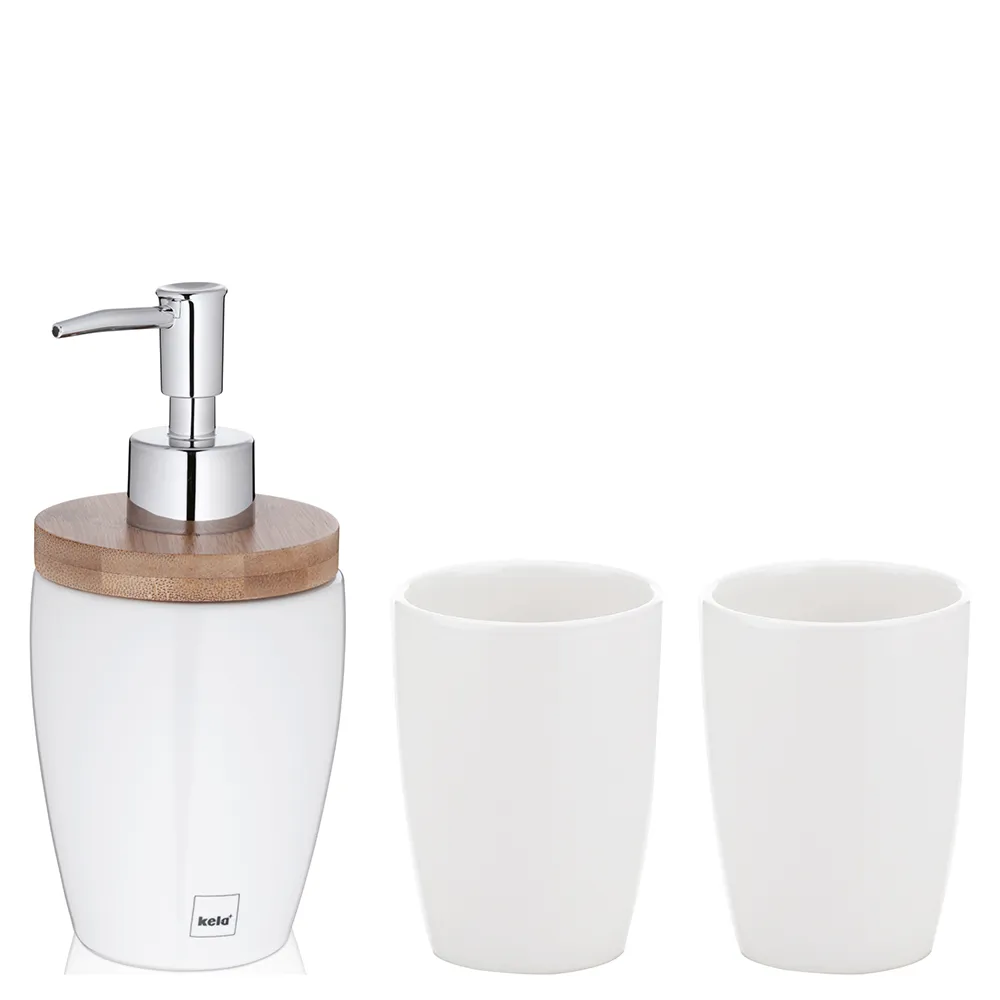 Weiße Seifenspender-Set mit Holzdeckel und zwei weiße Becher aus Keramik. Modernes Badezimmer-Accessoire.