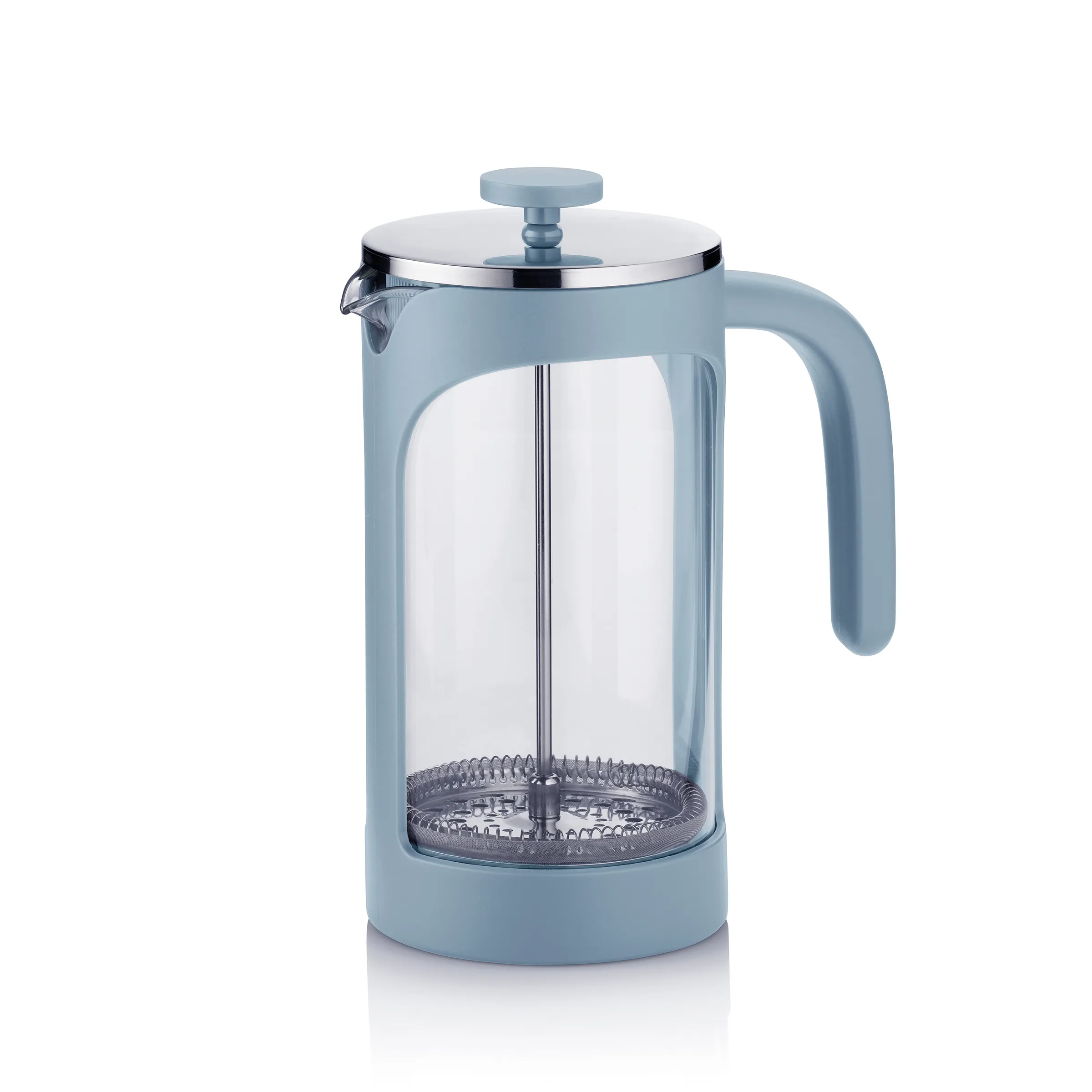 French Press Kaffeebereiter Hellblau - Glas Kaffeepresse mit Edelstahl Kaffeebereiter French Press in Hellblau mit Glaskanne, Edelstahldeckel und Druckkolben auf weißem Hintergrund
