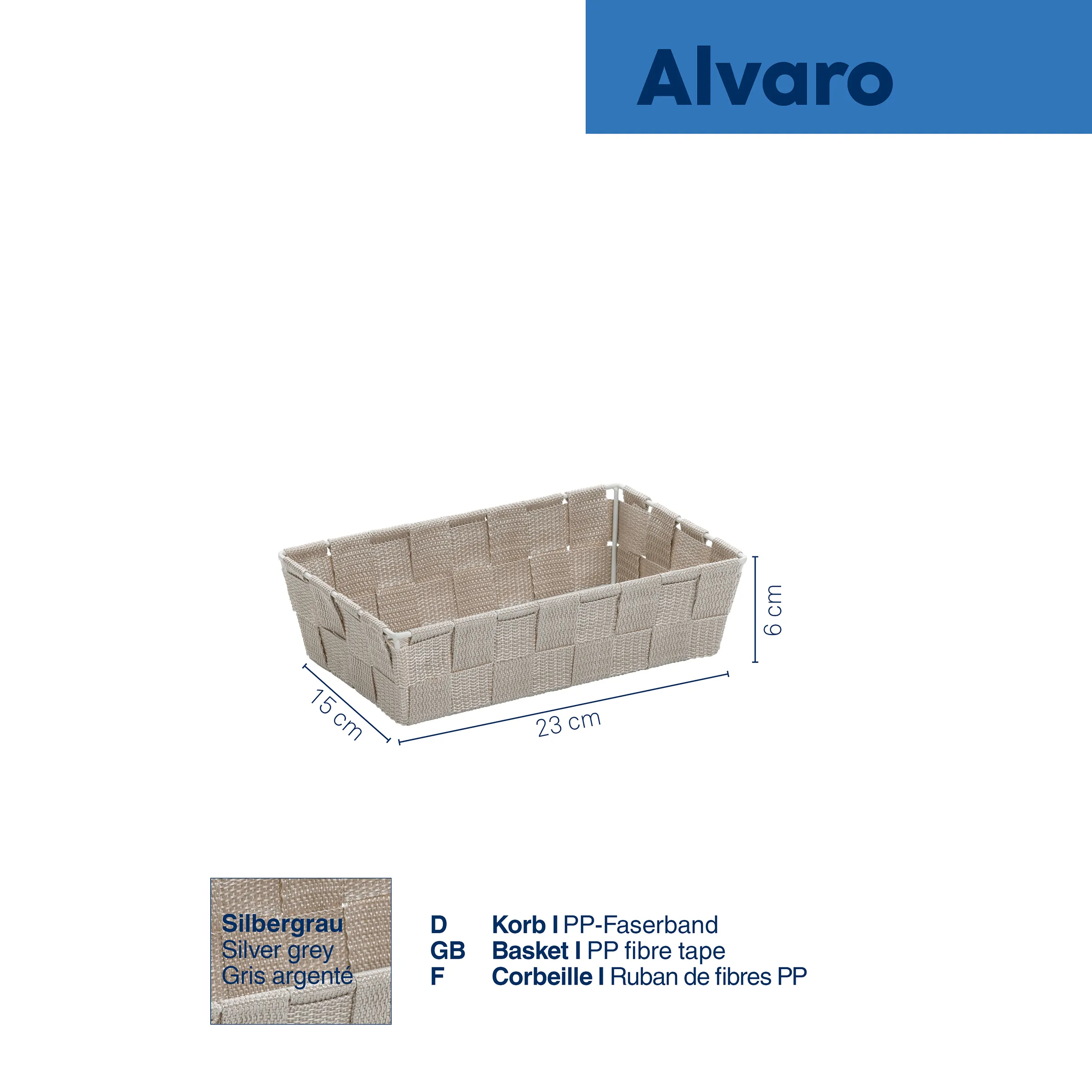 Alvaro Korb Silbergrau - Aufbewahrungskorb aus PP-Faserband Silbergrauer rechteckiger Korb aus PP-Faserband mit Abmessungen 23 x 15 x 6 cm