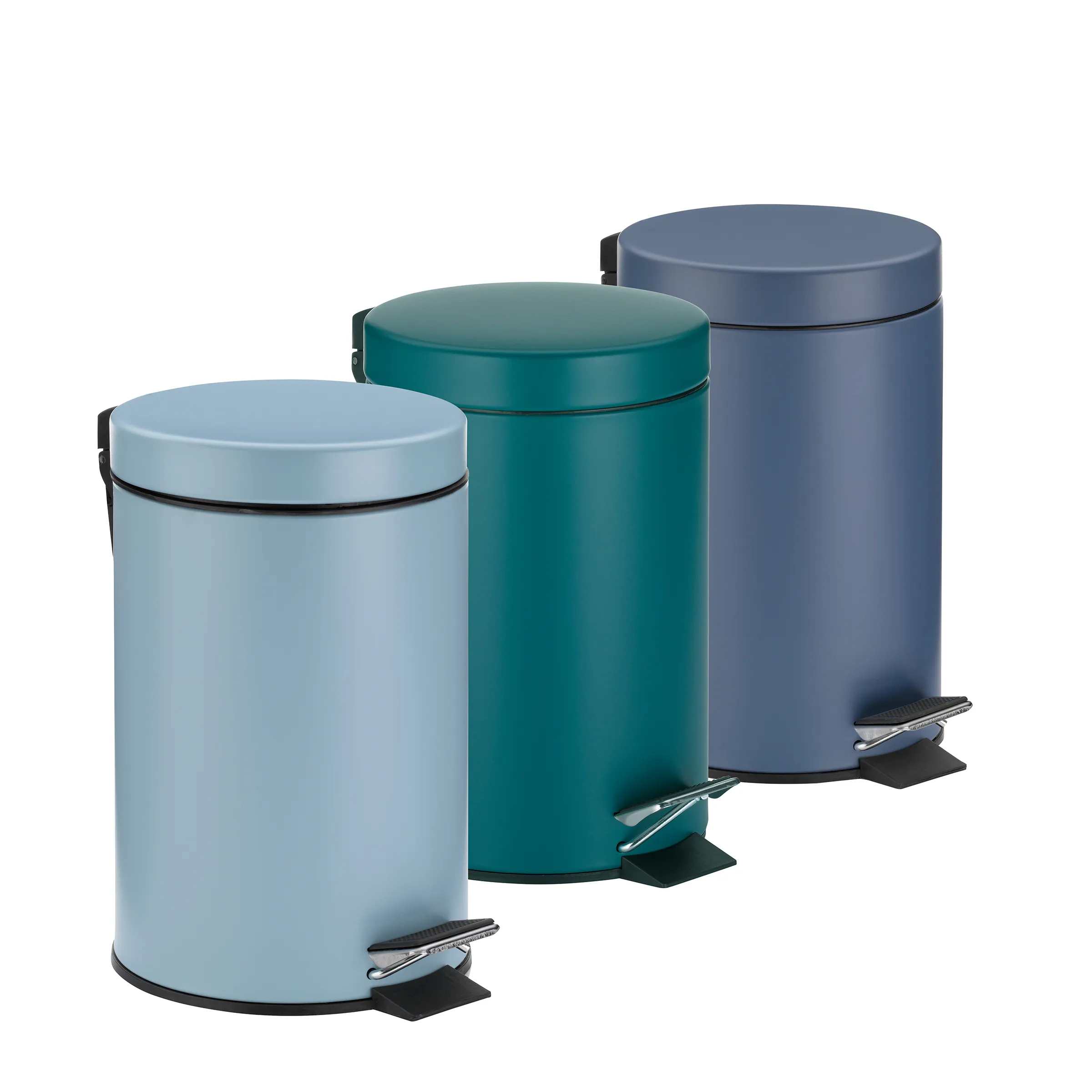Treteimer Set - Mülleimer mit Pedal in verschiedenen Farben Drei farbige Treteimer in Hellblau, Petrol und Dunkelblau mit Edelstahl-Fußpedal und Deckel