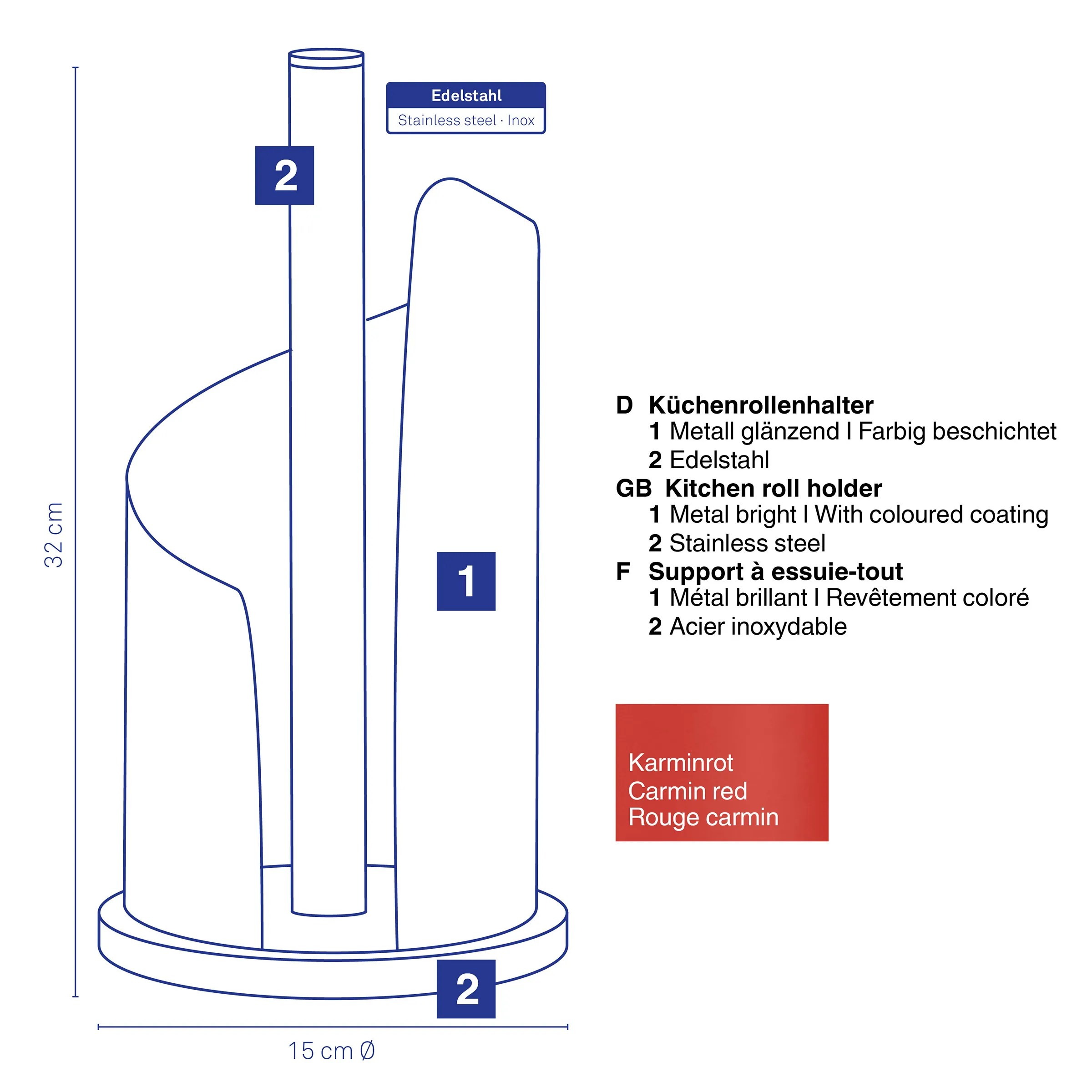 Küchenrollenhalter aus Edelstahl mit karminroter Beschichtung, 32 cm hoch, 15 cm Durchmesser Basis, Teile gekennzeichnet