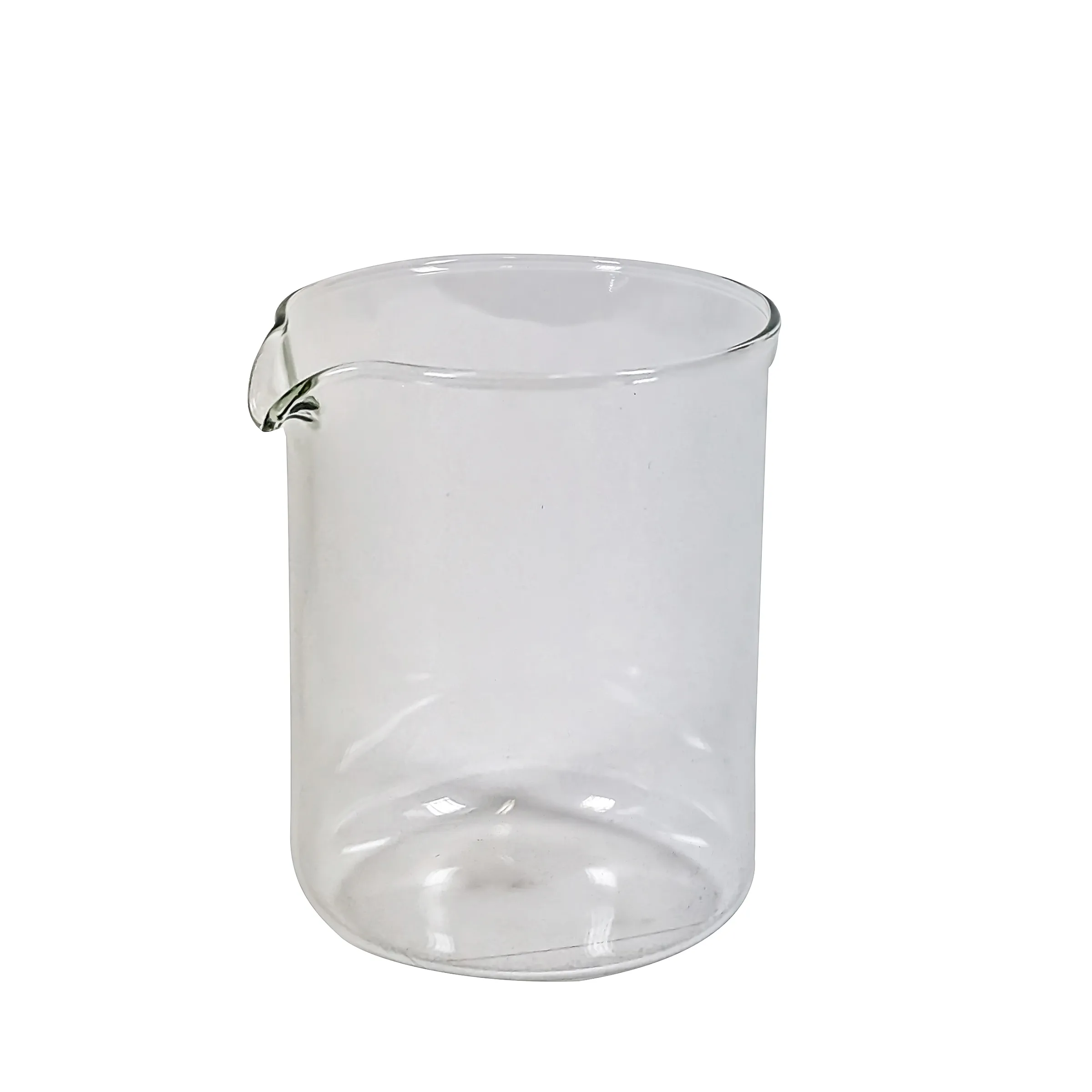 Transparentes Glas-Becherglas mit Ausguss auf weißem Hintergrund, leer und zylindrisch