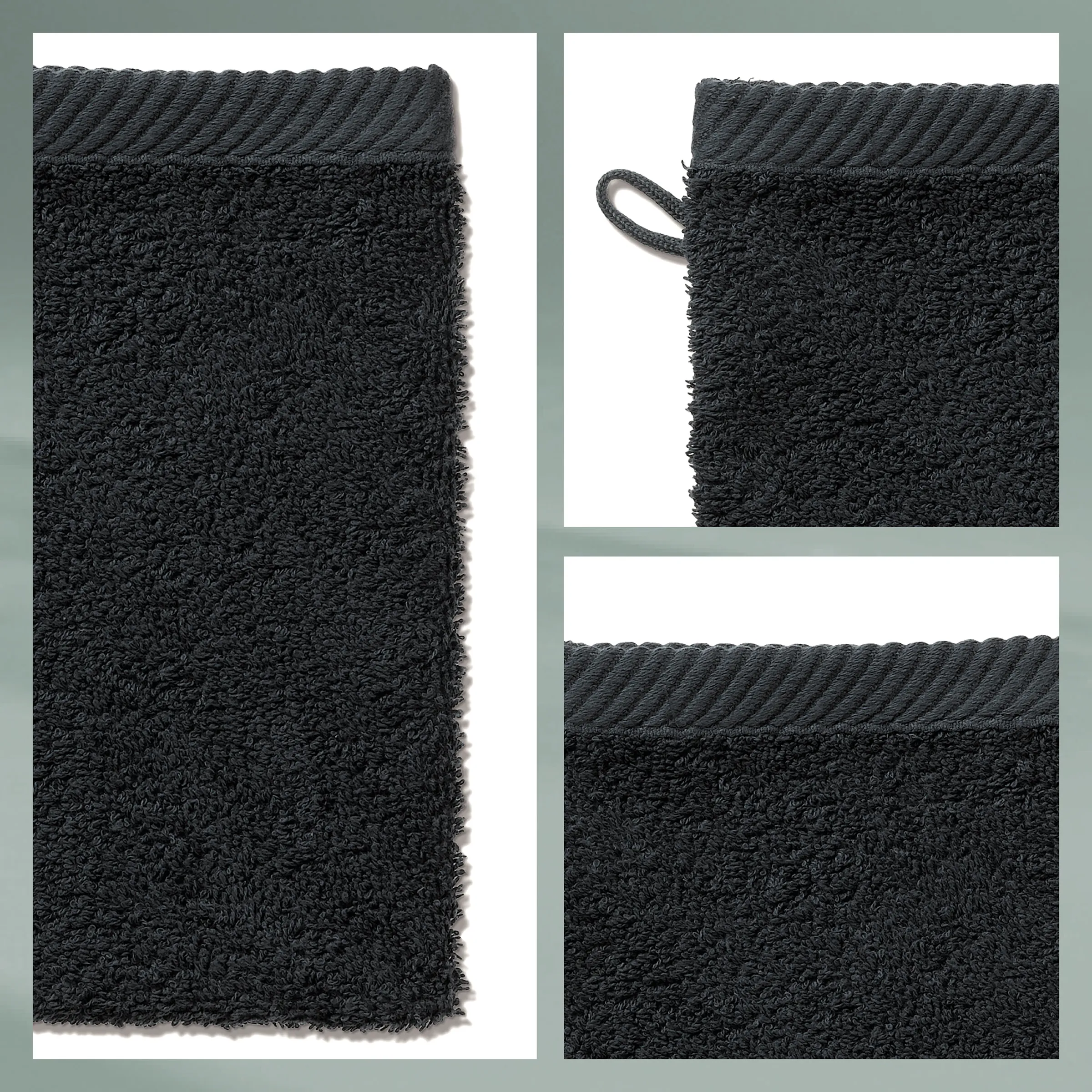 Schwarzes Baumwollhandtuch mit Aufhängeschlaufe Schwarzes Handtuch mit geripptem Rand und Aufhängeschlaufe in drei Detailansichten