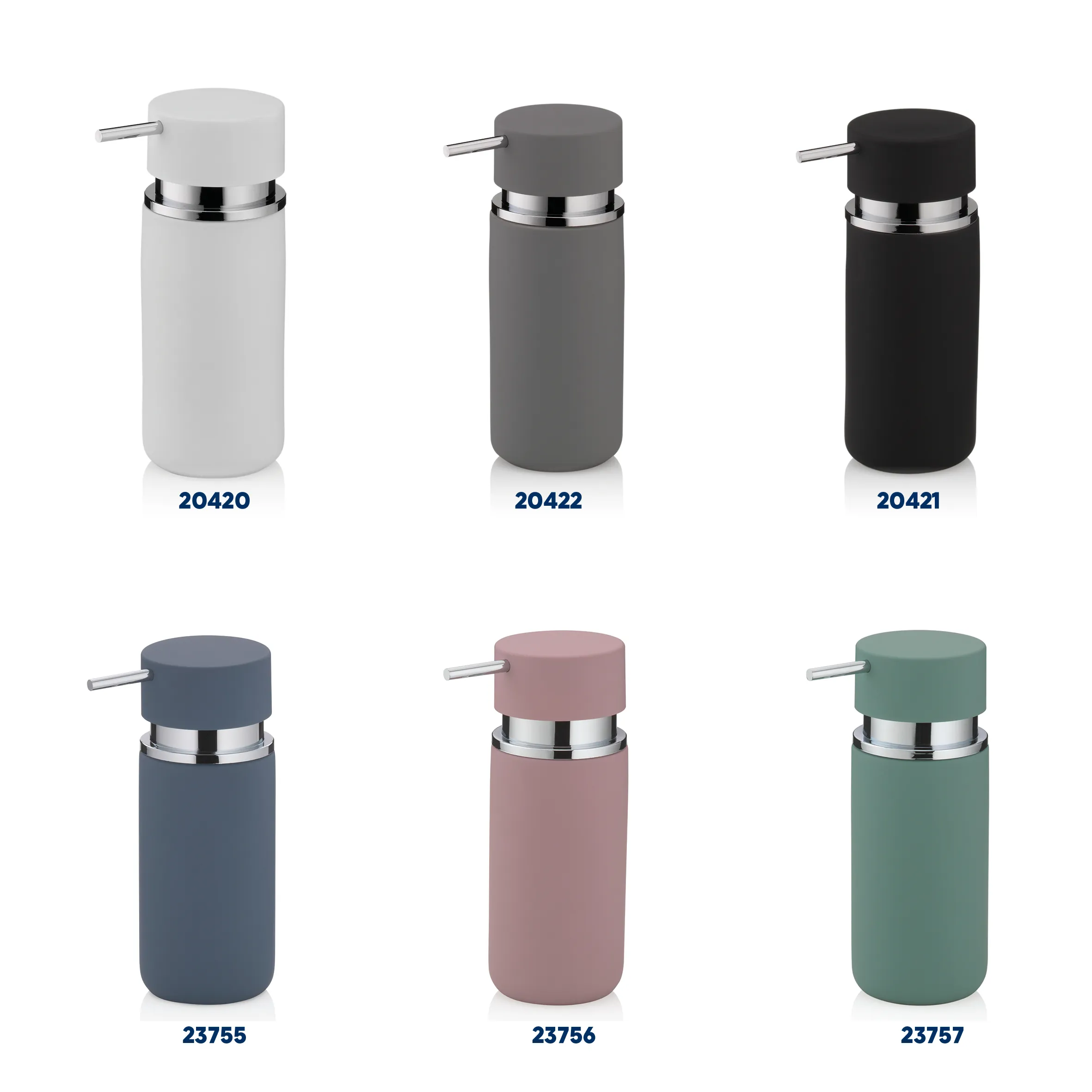 Sechs Seifenspender in verschiedenen Farben: Weiß, Grau, Schwarz, Dunkelblau, Rosa und Grün mit Metallring