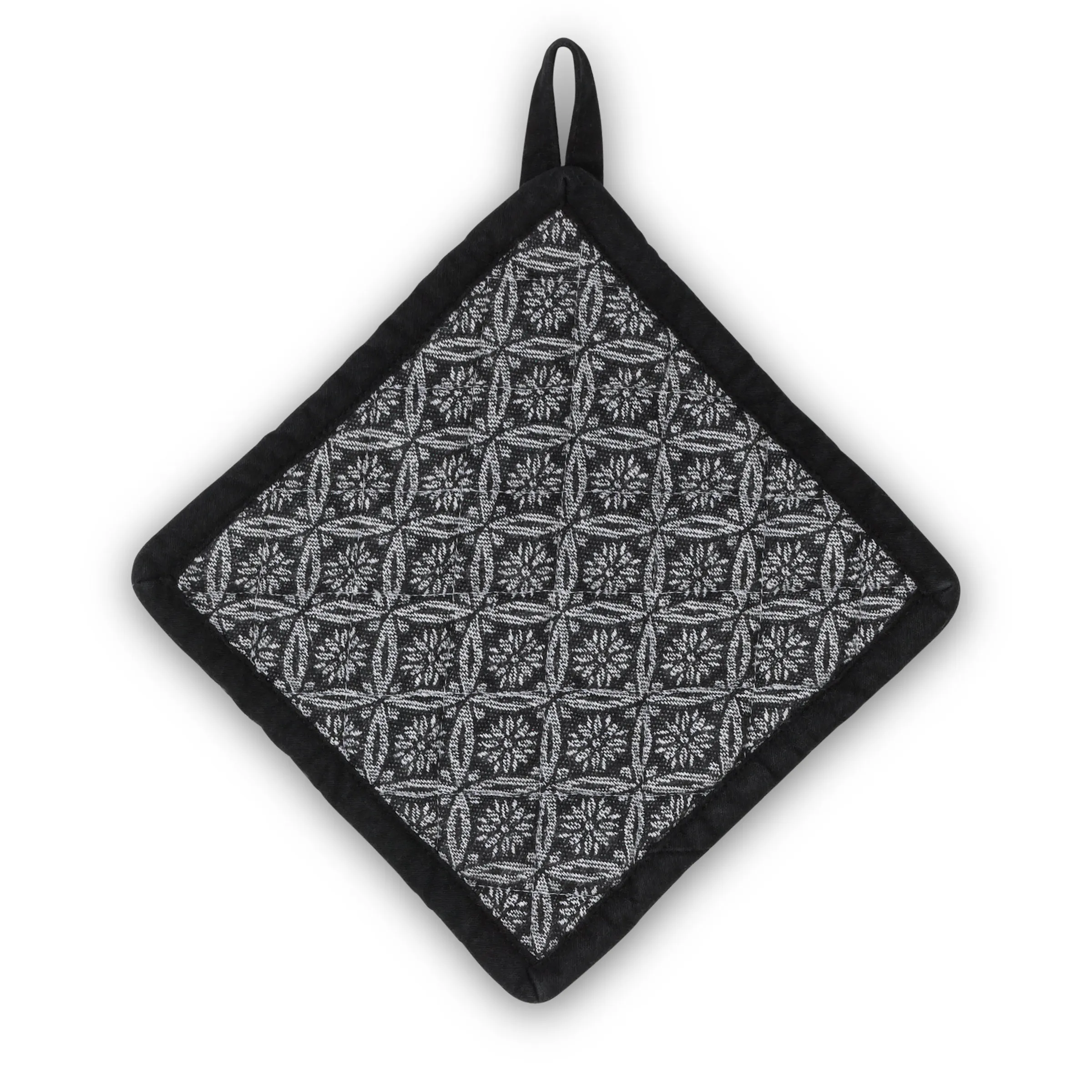 Schwarzer Topflappen mit geometrischem Jacquard-Muster und Aufhängeschlaufe