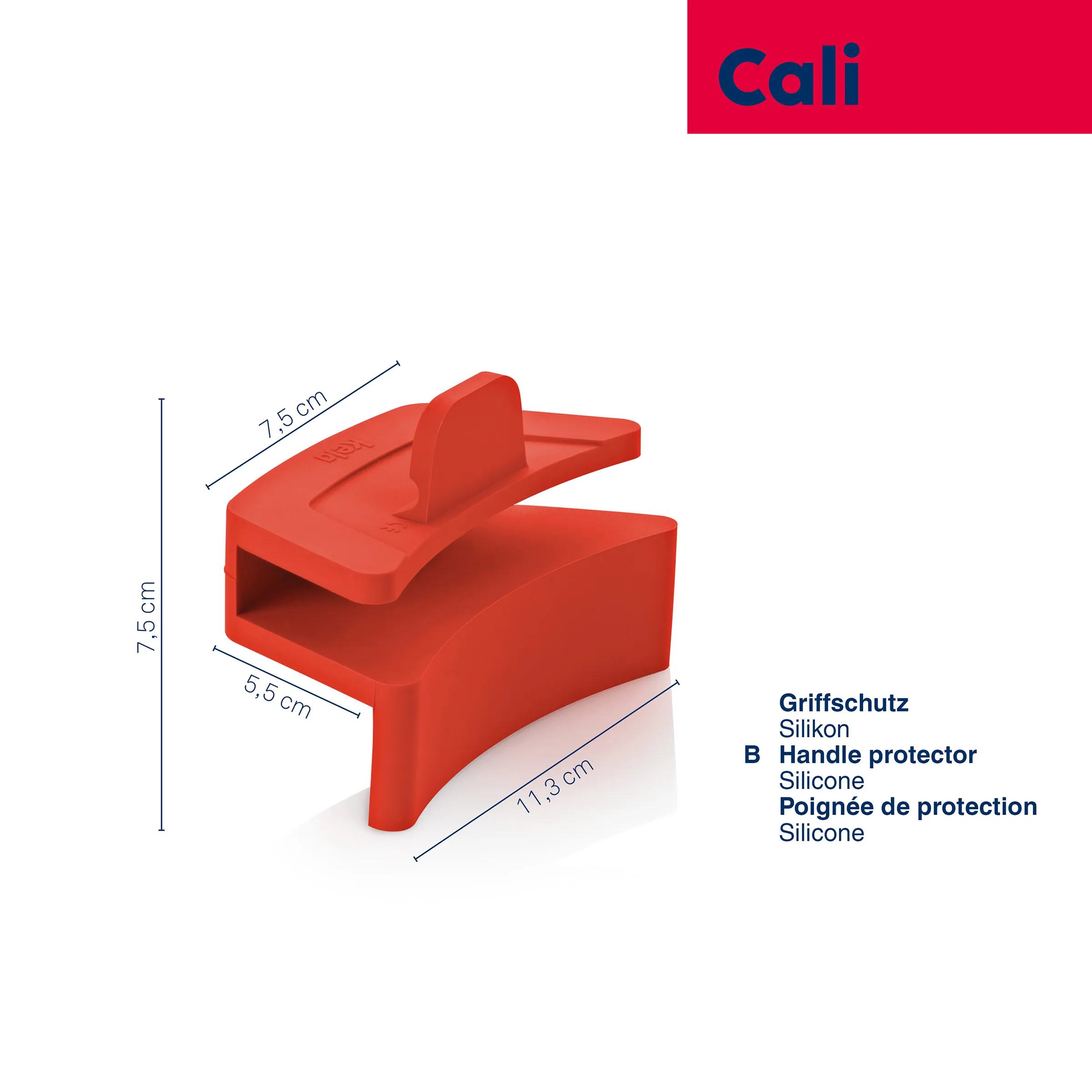 Griffschutz Silikon - Hitzebeständiger Topfgriff-Schutzhalter von Cali Roter Silikon-Griffschutz von Cali mit Maßangaben: 11,3 cm x 7,5 cm x 5,5 cm, inklusive 7,6 cm Griff