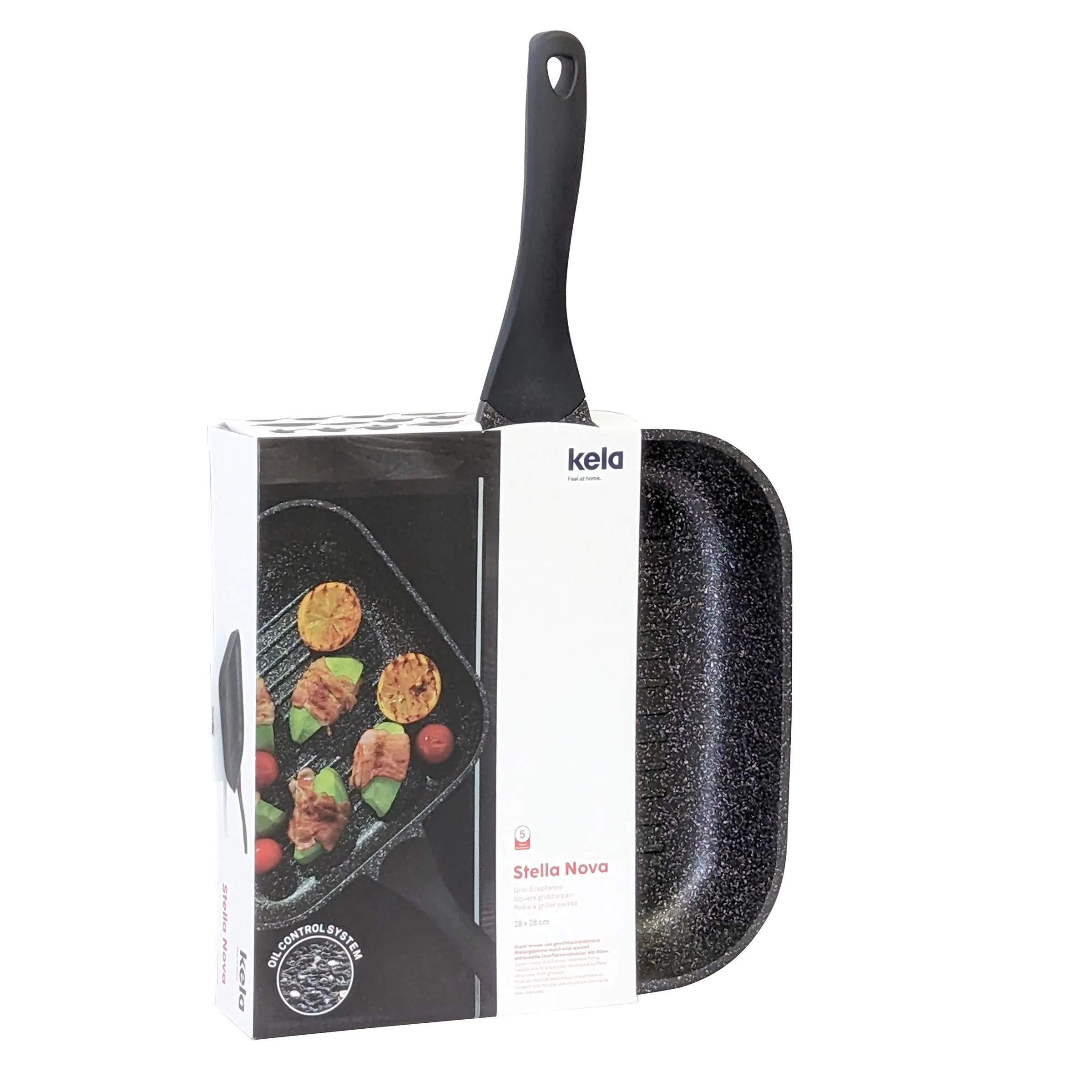 Kela Stella Nova Grillpfanne mit Antihaftbeschichtung und Verpackung, schwarze Granitsteinoptik