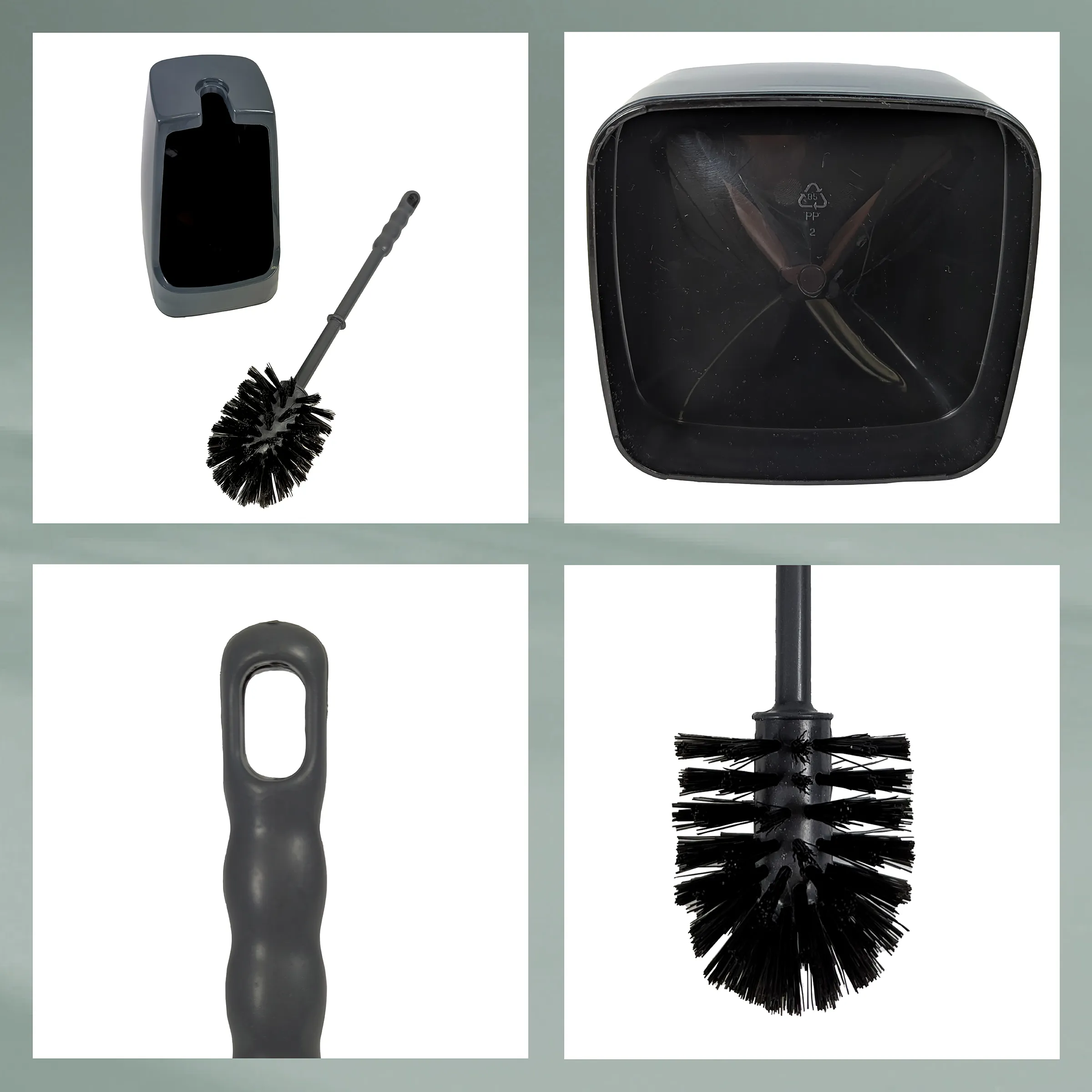 Toilettenbürsten und Reinigungsbürsten Set Vier schwarze Reinigungsbürsten und Behälter für Badezimmerreinigung und Toilettenpflege