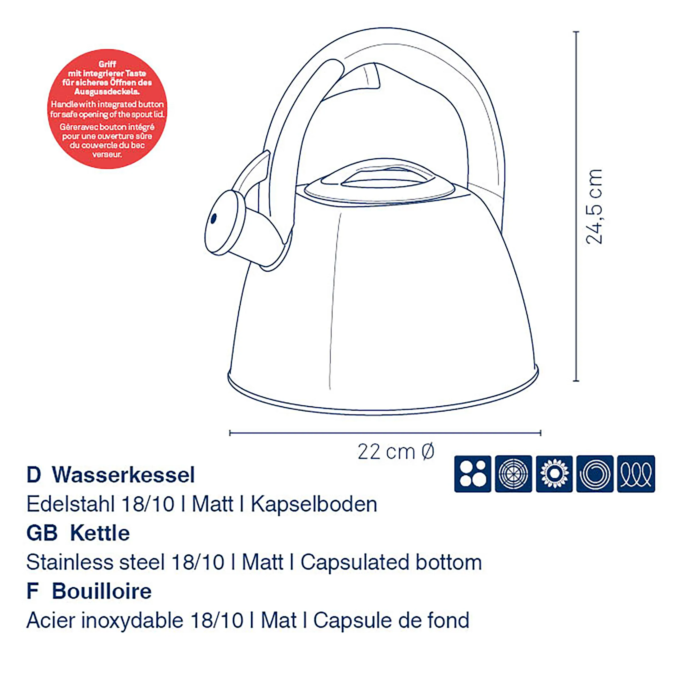 Edelstahl Wasserkessel matt mit Kapselboden - 18/10 Flötenkessel 2,5 Liter Edelstahl Wasserkessel 24,5 cm hoch mit integriertem Griff und Kapselboden, Durchmesser 22 cm
