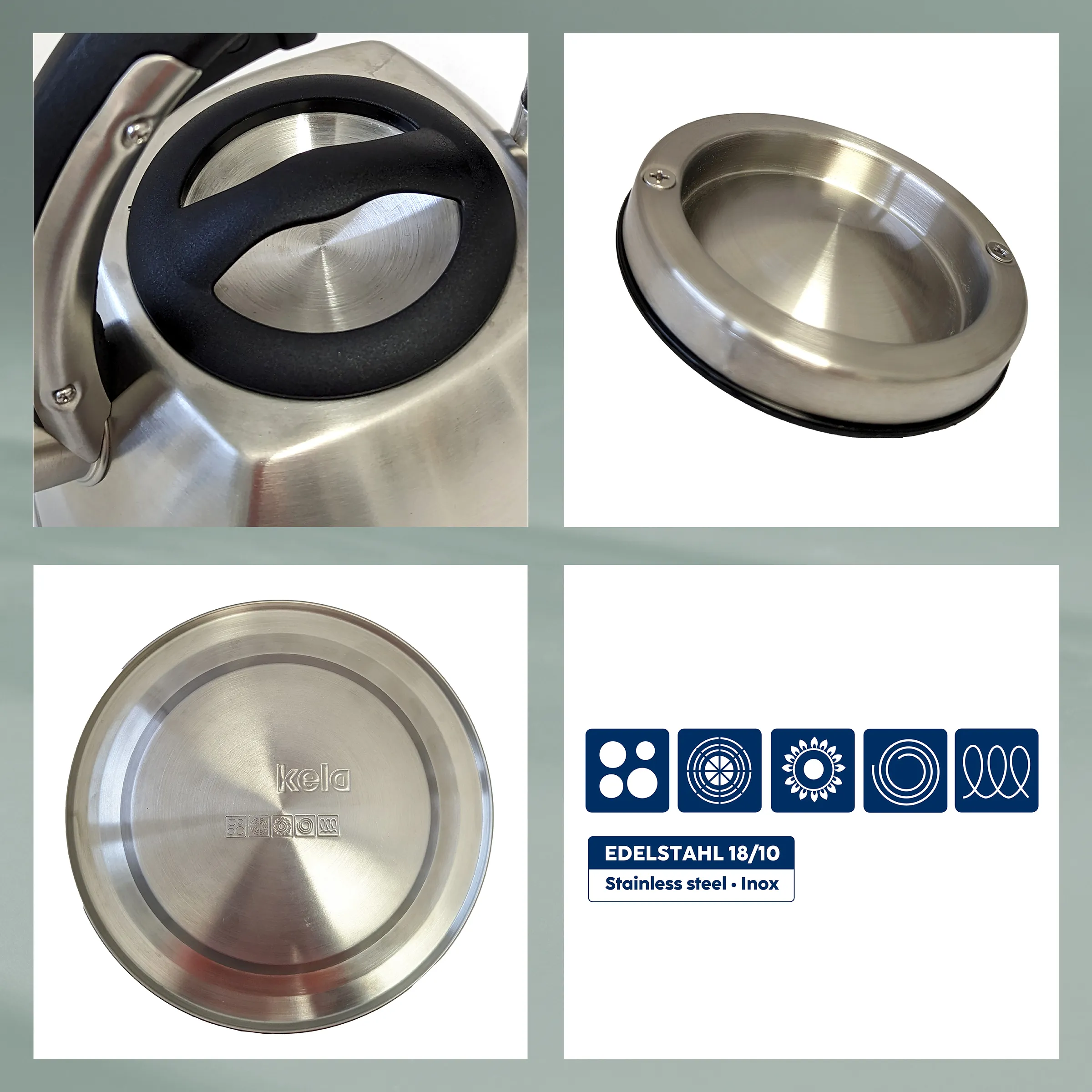 Edelstahl Deckel 18/10 Kela - hochwertiger Kochdeckel Kela Edelstahl-Deckel 18/10 mit schwarzem Griff und Dichtungsring, vier Ansichten und Material-Kennzeichnung
