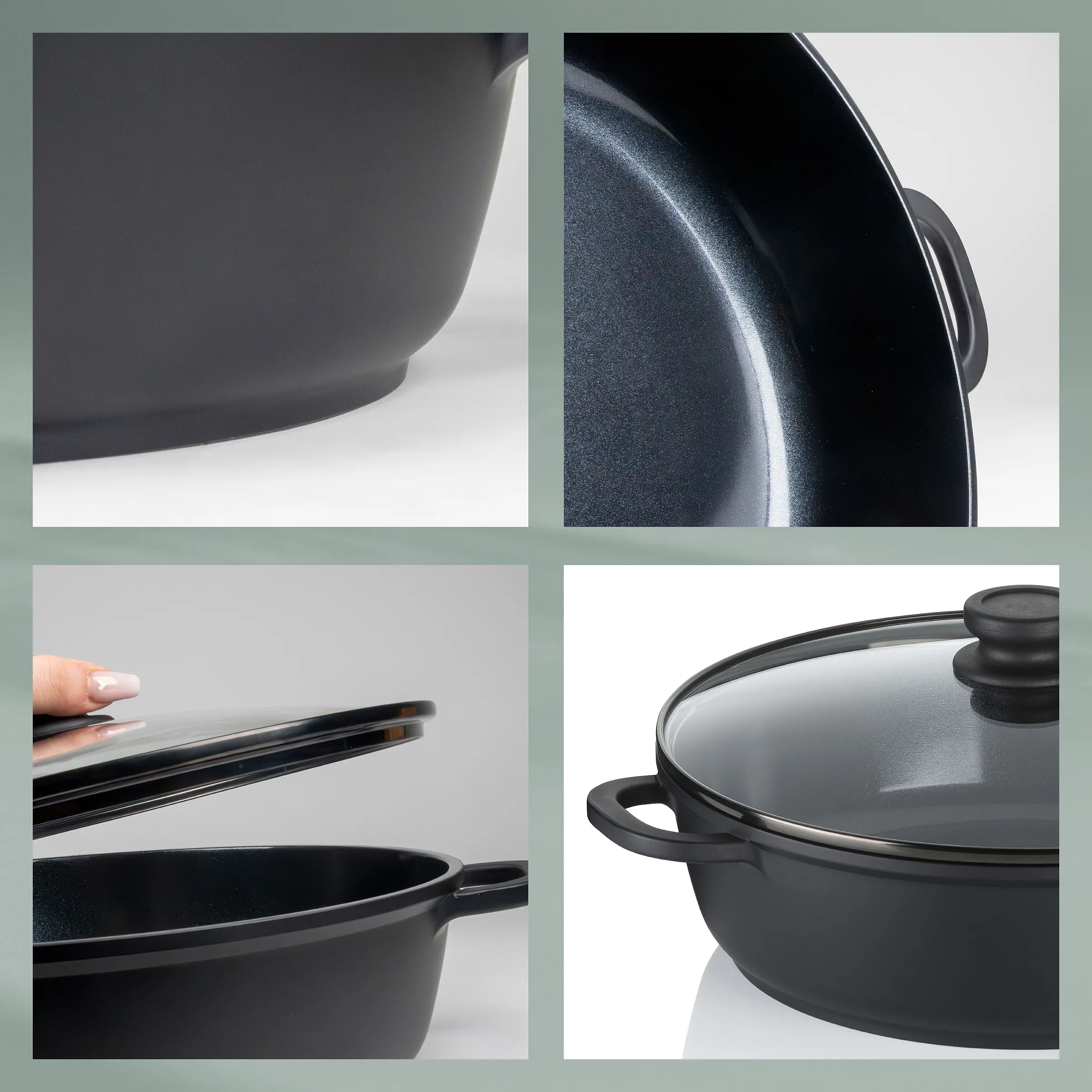 Antihaft-Kochtöpfe Set schwarz mit Glasdeckel - Premium Kochgeschirr Schwarze Antihaft-Kochtöpfe mit Glasdeckeln, Details von Griffen und Beschichtung in vier Ansichten