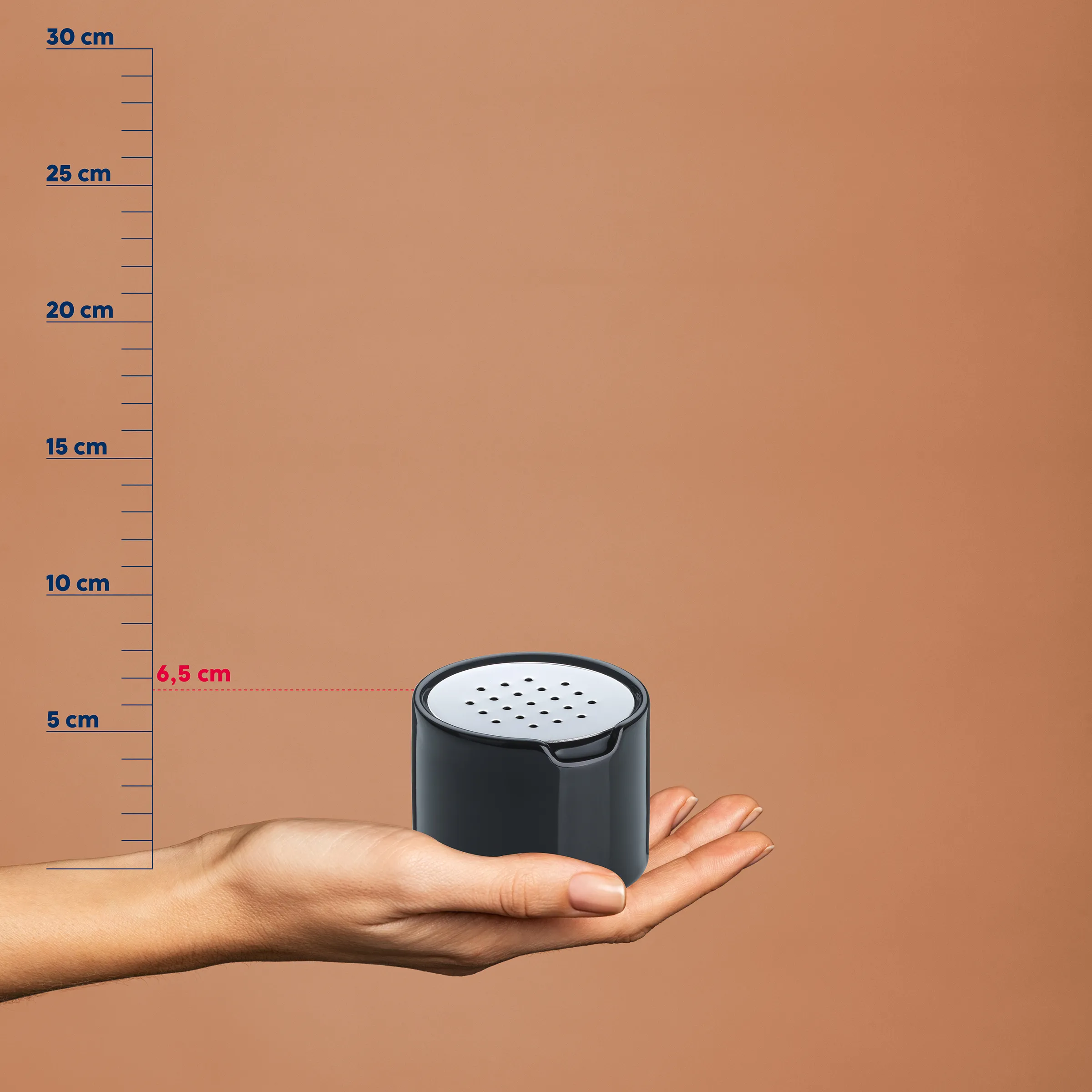 Aktivkohlefilter Kompakt 6,5 cm - Geruchsneutralisierung für Zuhause Hand hält schwarzen Aktivkohlefilter mit perforiertem Deckel, Größe 6,5 cm, vor Maßstab