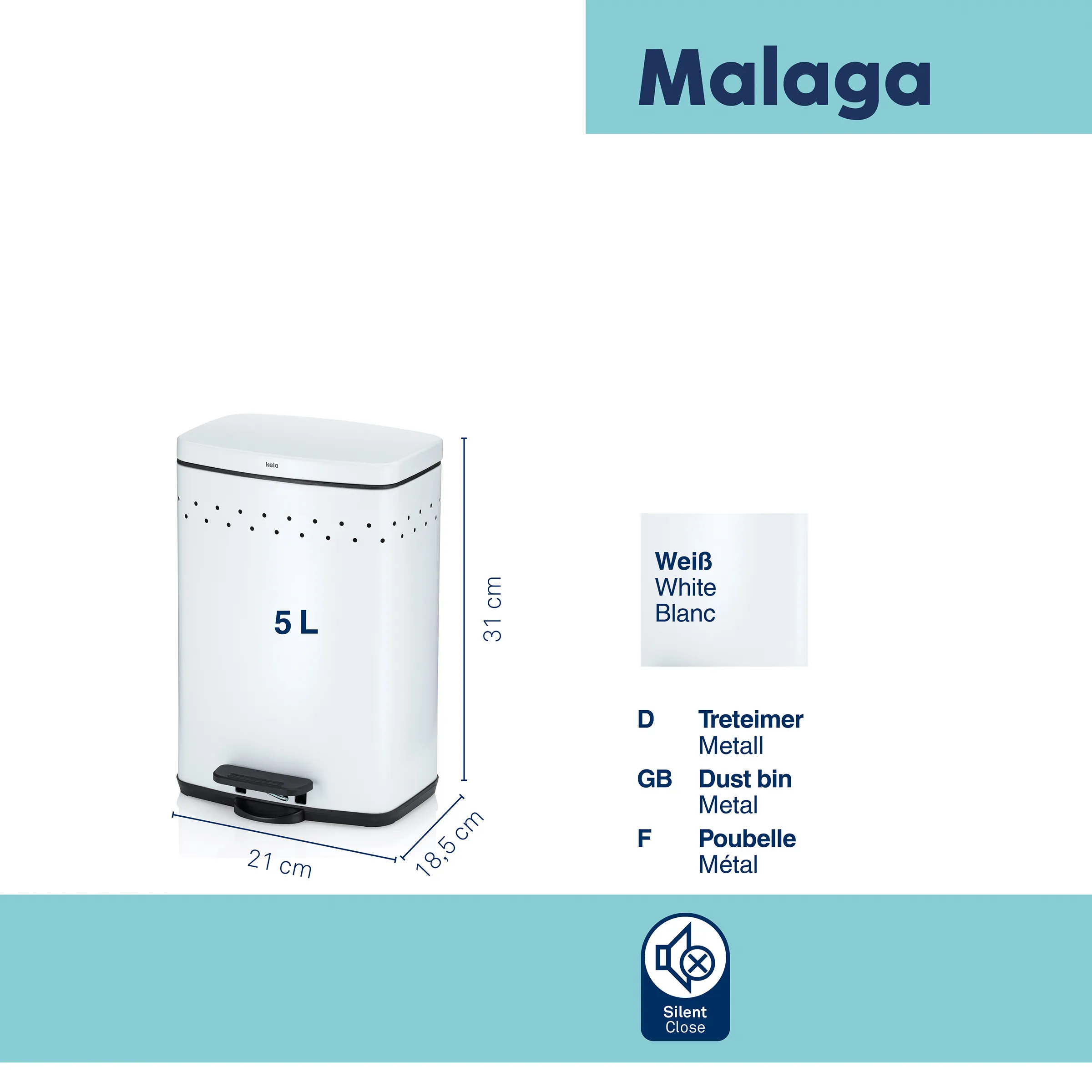Step Trash Bin 12 Liters White - Malaga Waste Bin White 12-liter step trash bin with black trim and lid, 31 cm high, 21 cm wide, 18 cm deep. Features Silent Close technology.