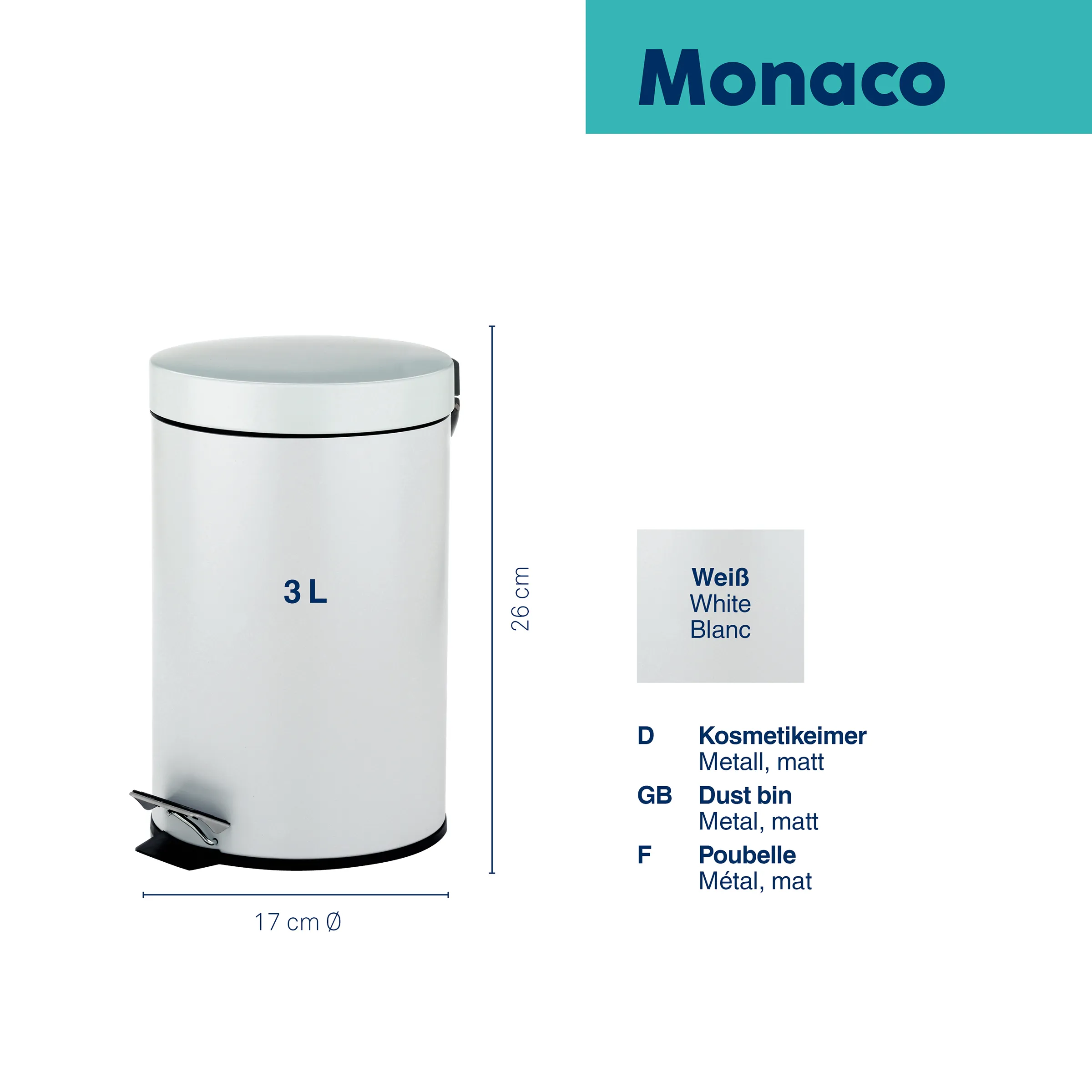 Monaco Kosmetikeimer 3L Weiß Matt Metall Treteimer Monaco 3L Kosmetikeimer in Weiß aus mattem Metall, 26 cm hoch, 17 cm Durchmesser, mit Fußpedal