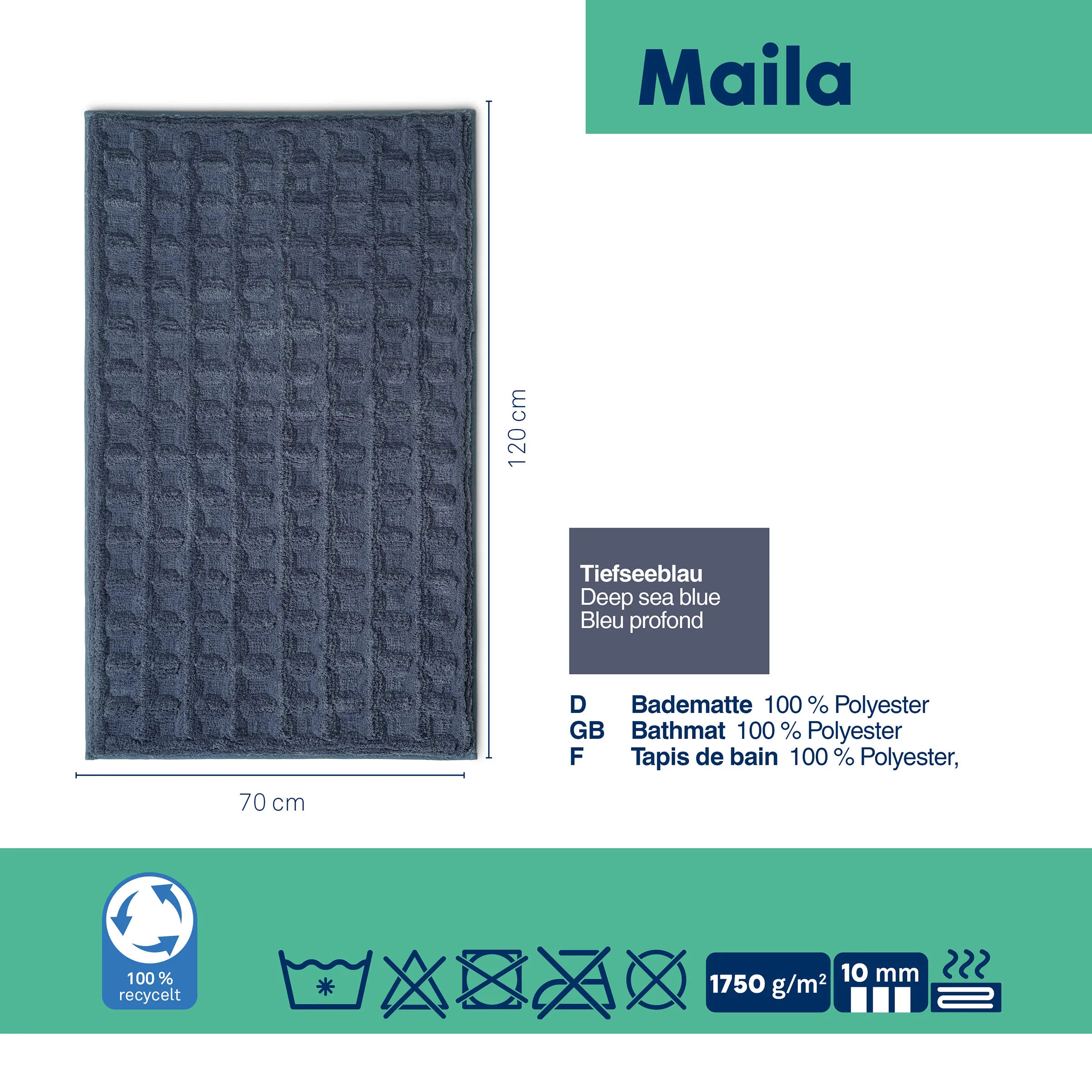 Maila Badmatte Tiefseblau 70x120 cm | Premium Badematte Tiefseeblaue Badmatte Maila aus 100% Polyester, 70x120 cm, mit Waffelmuster und 1750 g/m² Gewicht