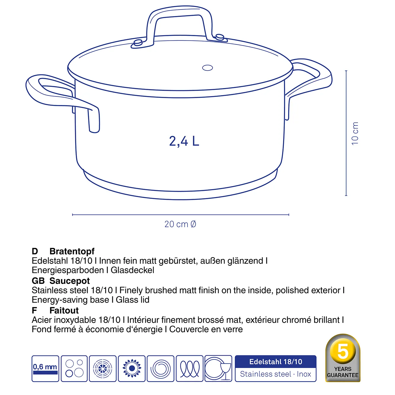 Bratentopf Edelstahl 2,4L Induktion mit Glasdeckel Edelstahl Bratentopf mit Glasdeckel, 2,4 Liter Fassungsvermögen, 20 cm Durchmesser und 10 cm Höhe.