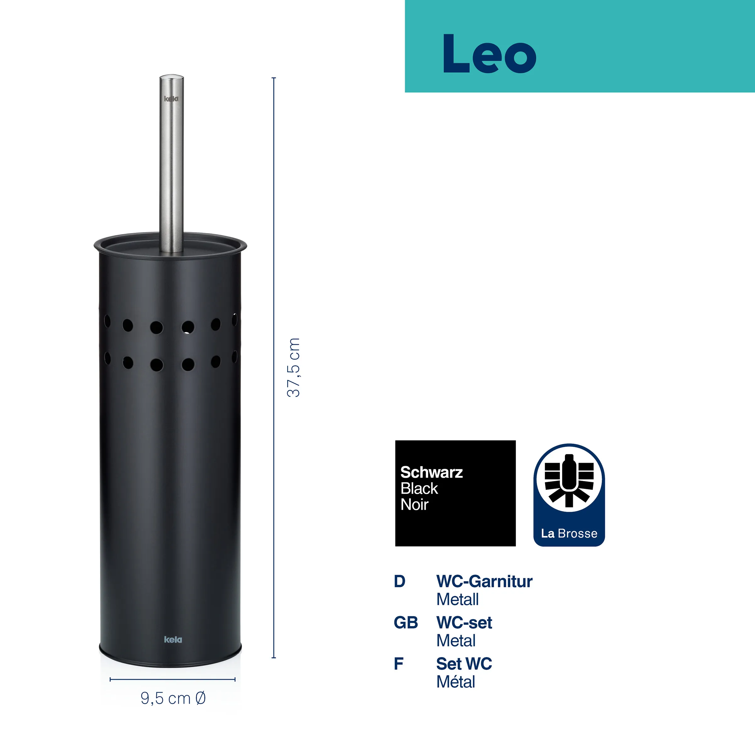 Leo WC-Garnitur Metall in Schwarz, 37,5 cm hoch, 9,5 cm Durchmesser, mit Bürste und Edelstahlgriff