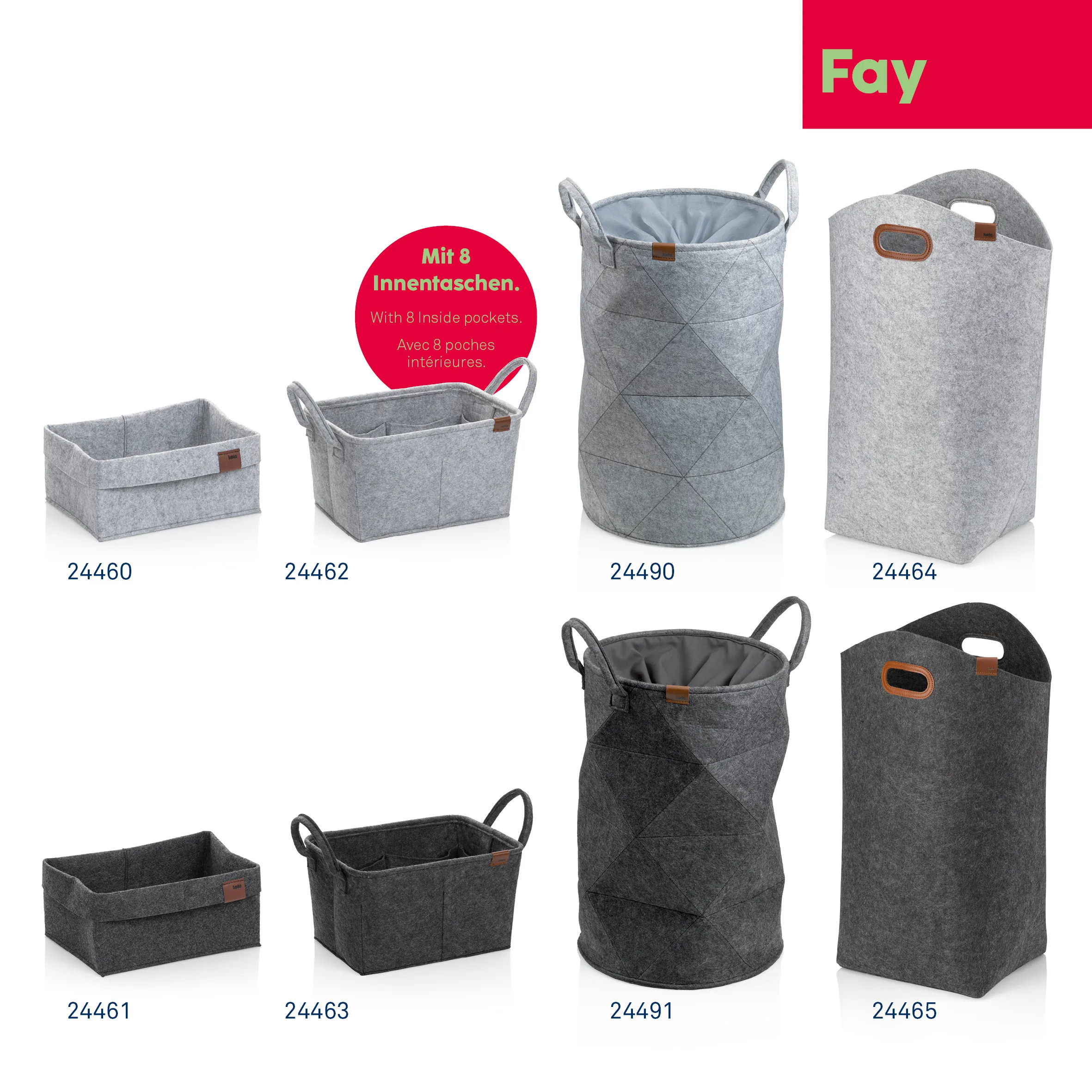 Filzboxen und Aufbewahrungskörbe - Fay Kollektion Kollektion von acht Filzbehältern in Grau und Schwarz mit verschiedenen Formen und Griffen für Aufbewahrung und Organisation.