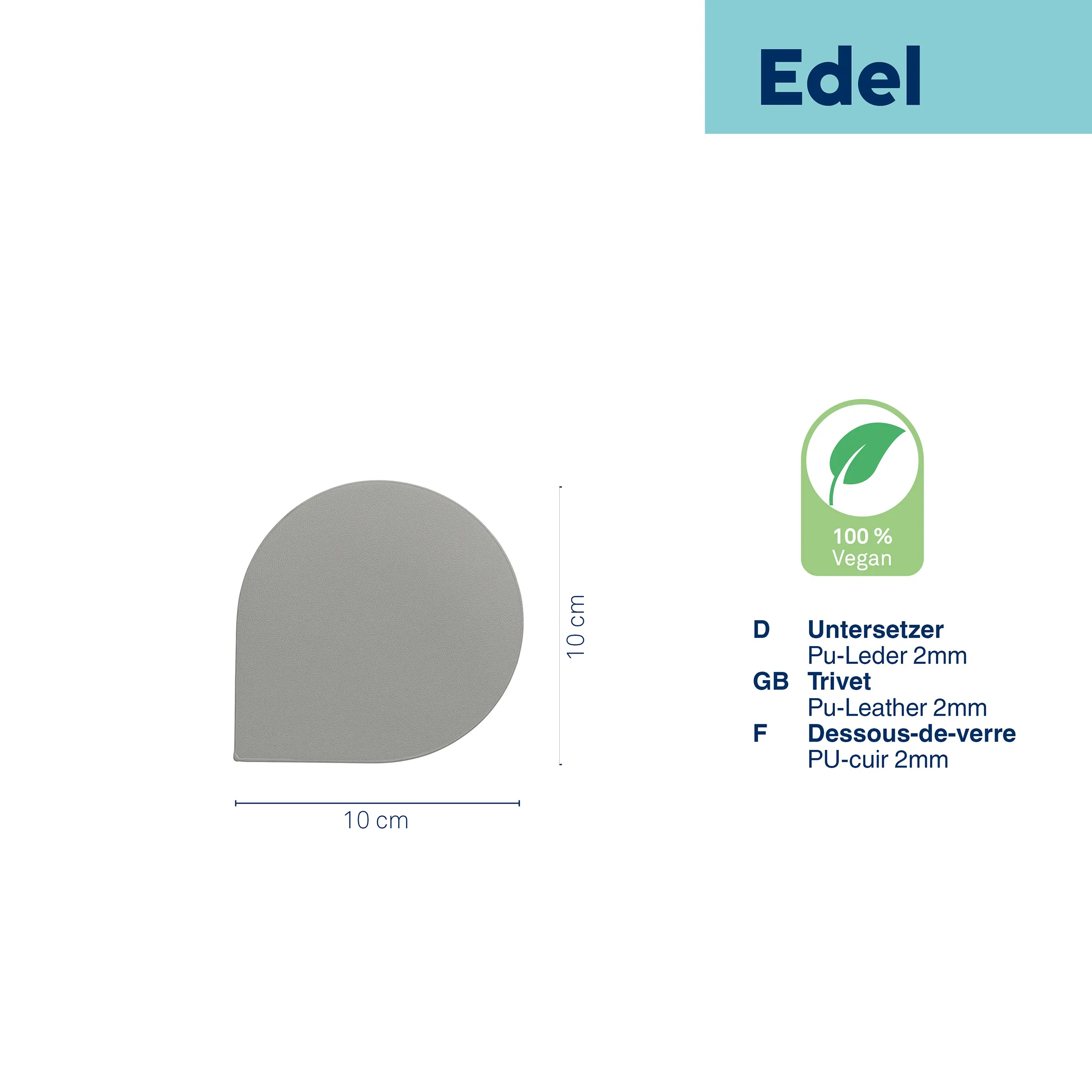 Edel Untersetzter PU-Leder vegan - 10cm Halbrund Graue halbkreisförmige Untersetzter aus PU-Leder, 10 cm breit und 10 cm hoch, 100% vegan, Edel Marke
