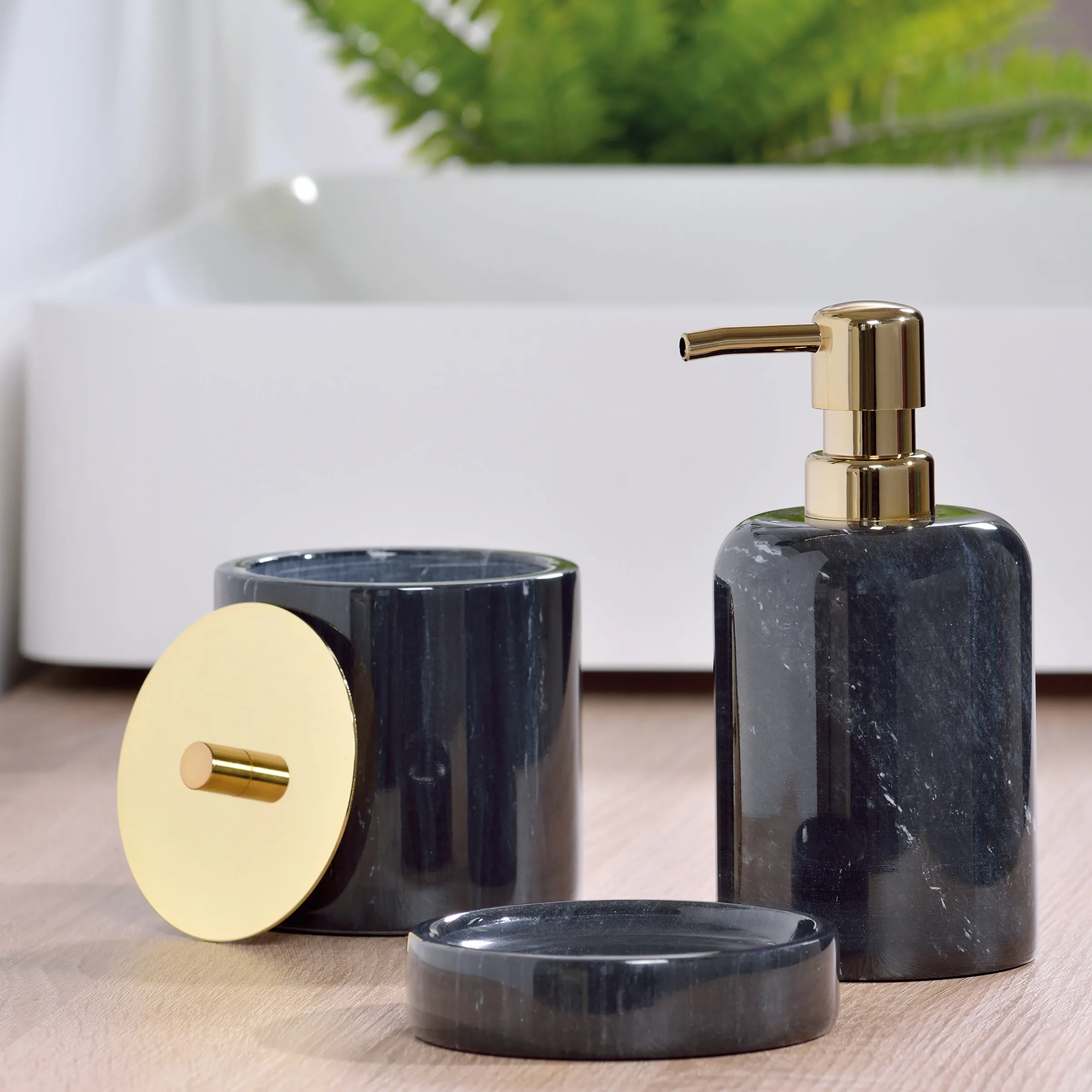 Luxus Badezimmer Accessoires Set Marmor Optik mit Gold - 3-teilig Dunkles Marmor-Badezimmer-Accessoire-Set mit goldenem Seifenspender, Dose mit Deckel und Seifenschale
