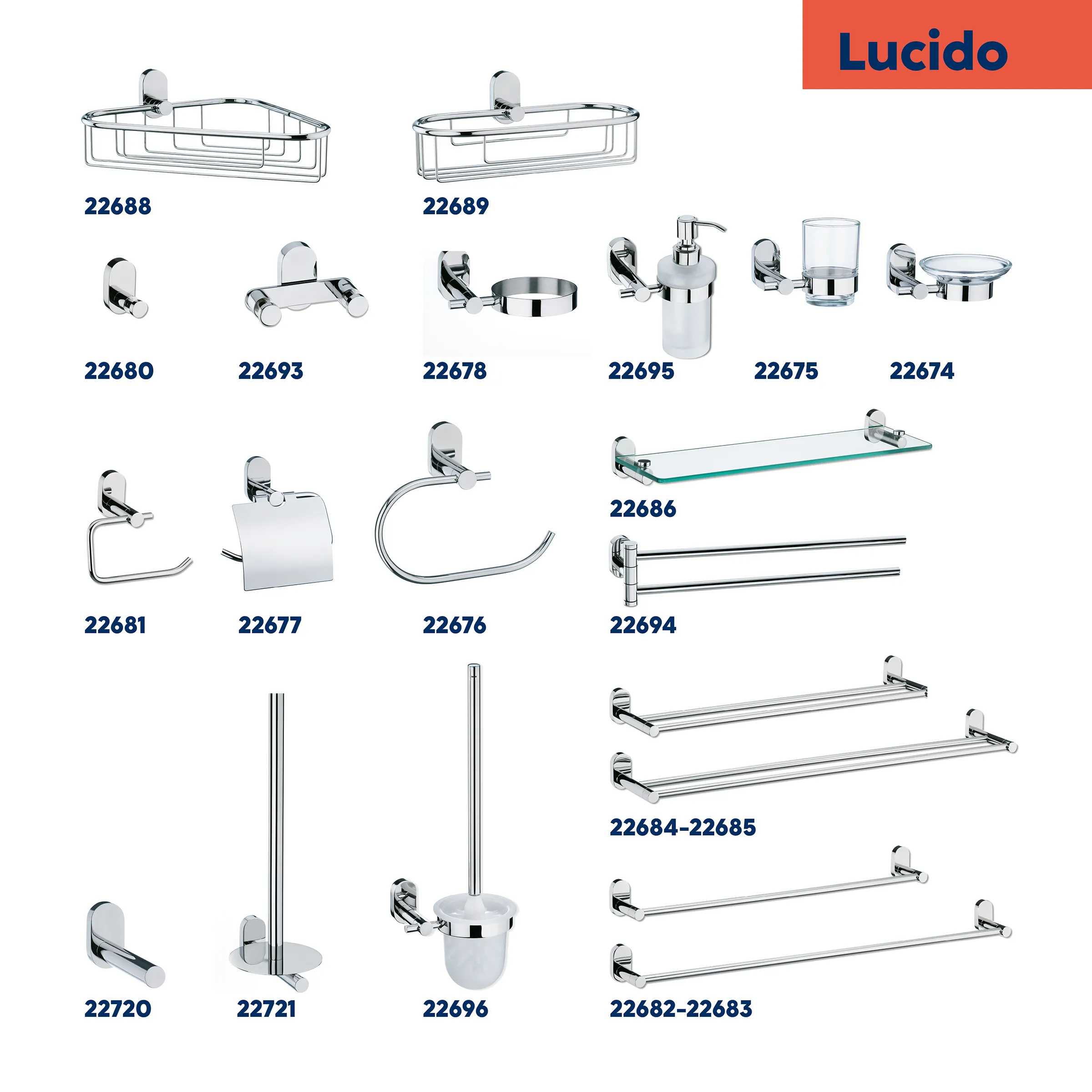 Lucido Badezimmer Accessoires Set - Halter & Regale Lucido Badezimmer-Accessoires-Kollektion mit Regalen, Haltern, Seifenspendern und Handtuchstangen in Chrom