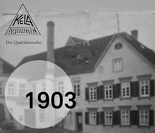 KELA 1903 Factory Building Quality Brand Heritage Historical black and white photo of 1903 factory building with KELA logo and quality mark