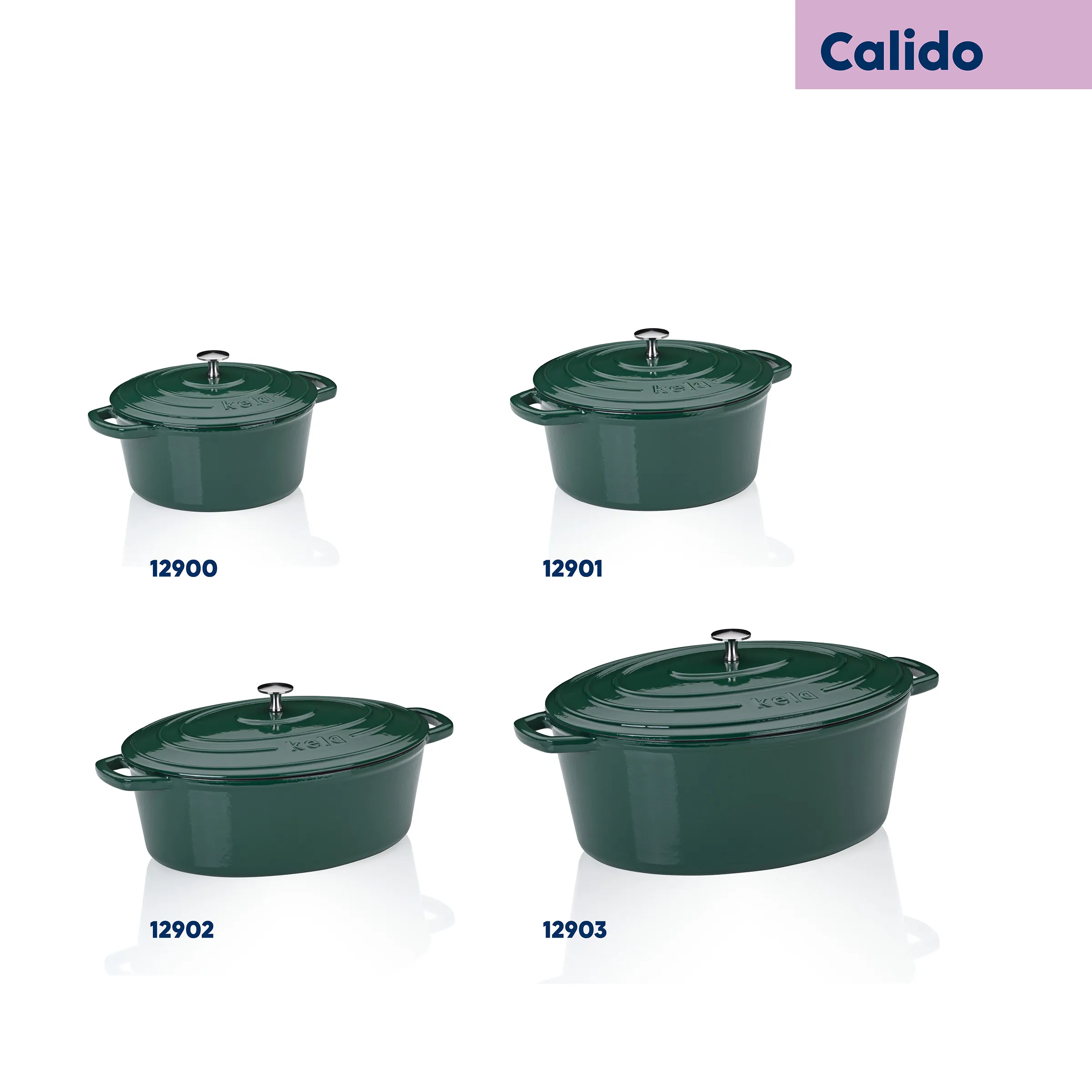 Calido Gusseisen Kochtöpfe Set - verschiedene Größen Vier grüne Calido Gusseisentöpfe in verschiedenen Größen mit Deckeln und Griffen, Modelle 12900, 12901, 12902 und 12903