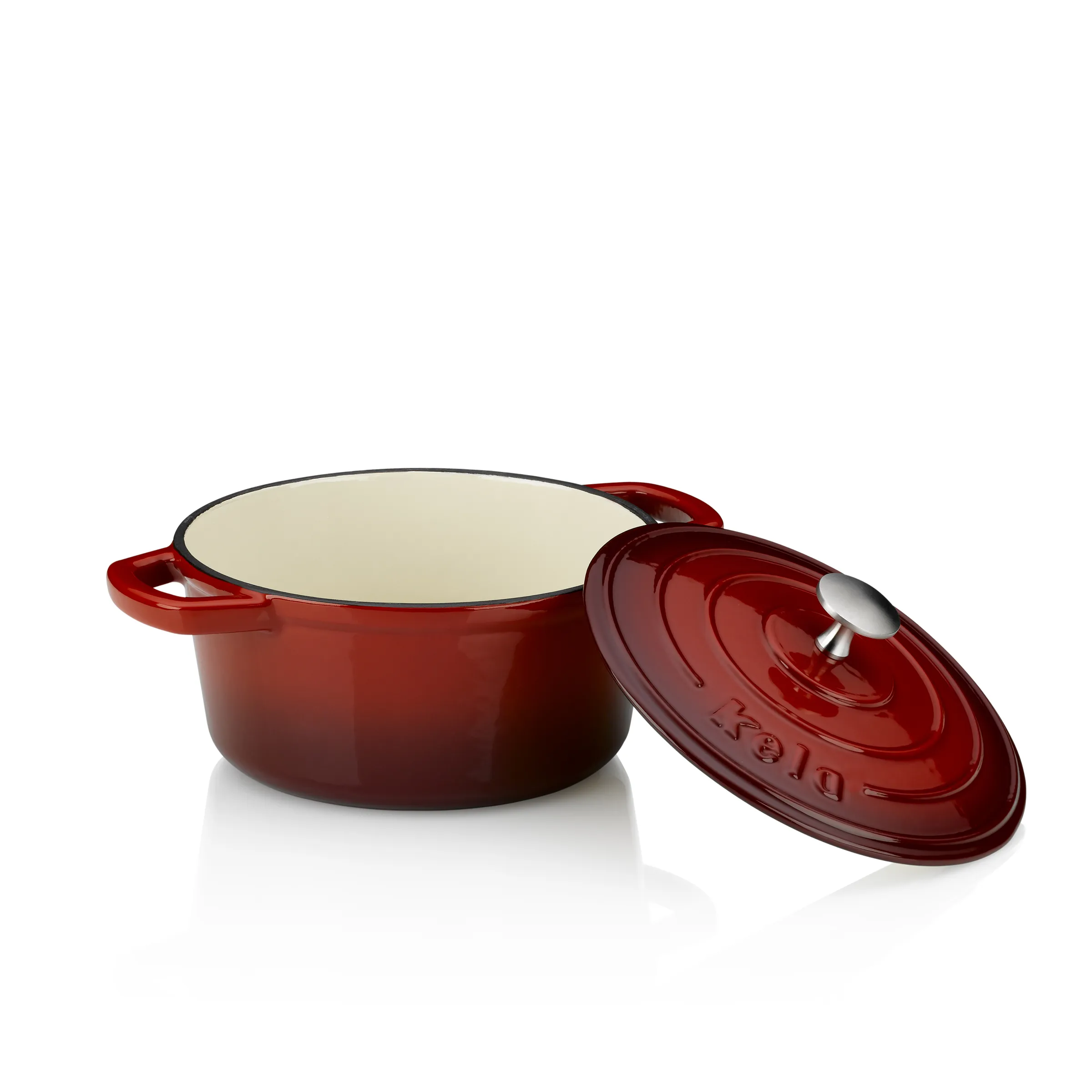 Gusseisen Bräter rot mit Emaille-Beschichtung und Deckel - Kochtopf für Schmorgerichte Roter gusseiserner Bräter mit cremefarbenem Emaille-Innenleben und abnehmbarem Deckel mit Edelstahlknopf