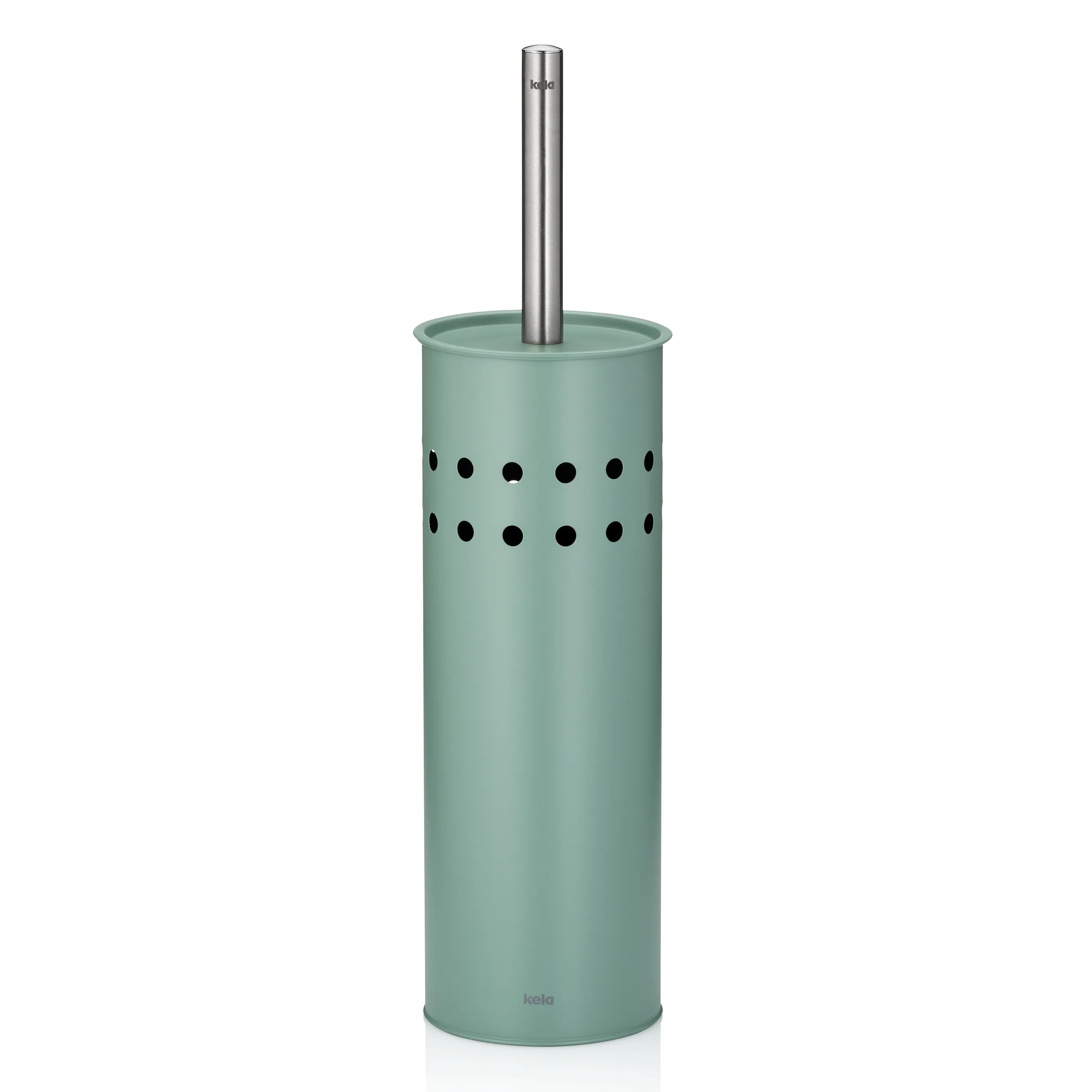 Toilettenbürste grün - moderne WC Bürste mit Stahlgriff Grüne Toilettenbürste mit Stahlstiel und perforierter Halterung mit schwarzen Lüchern