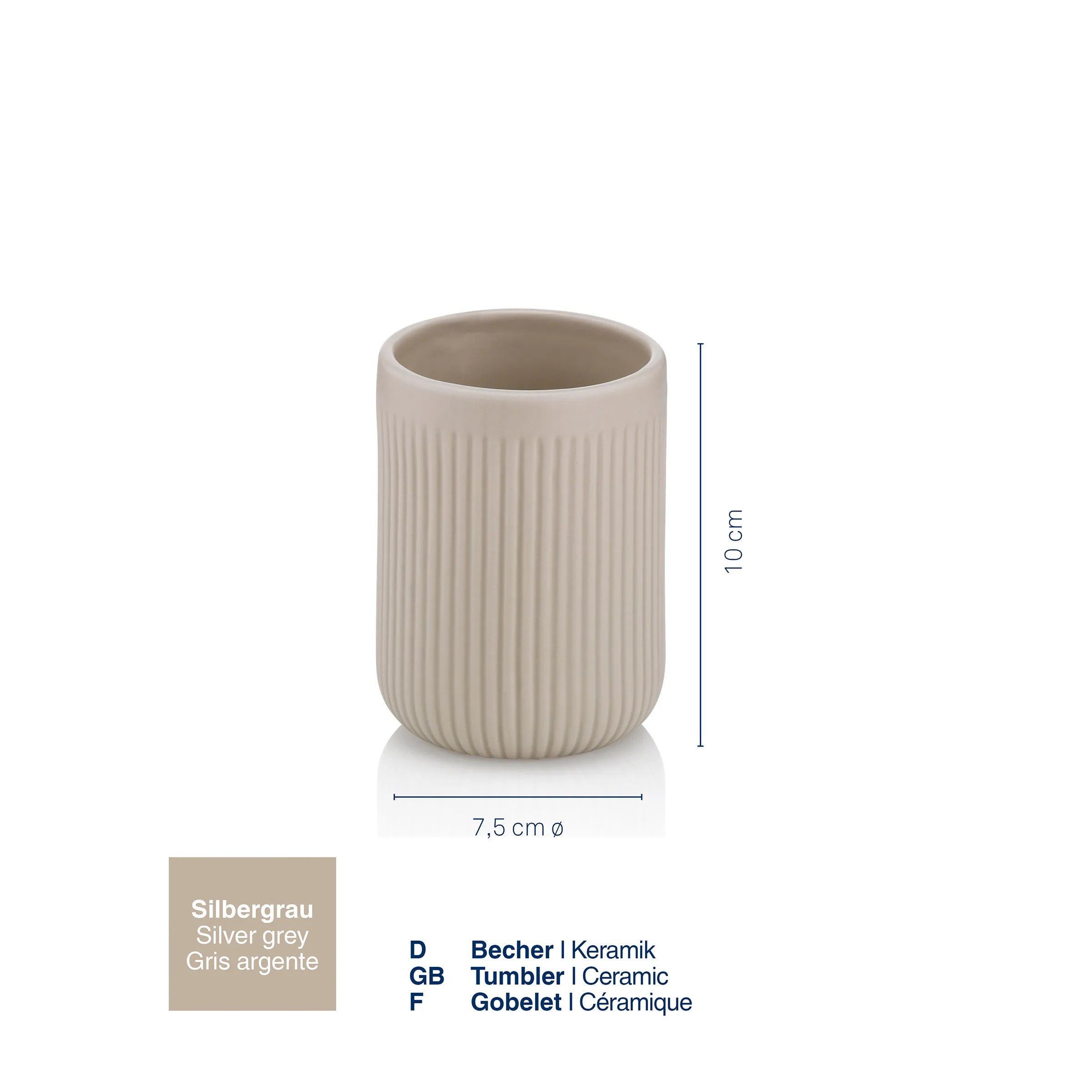 Keramik Becher Silbergrau mit Rillen-Design Silbergrauer Keramik-Becher mit vertikalem Rillenmuster, 7,5 cm Durchmesser, 10 cm Höhe