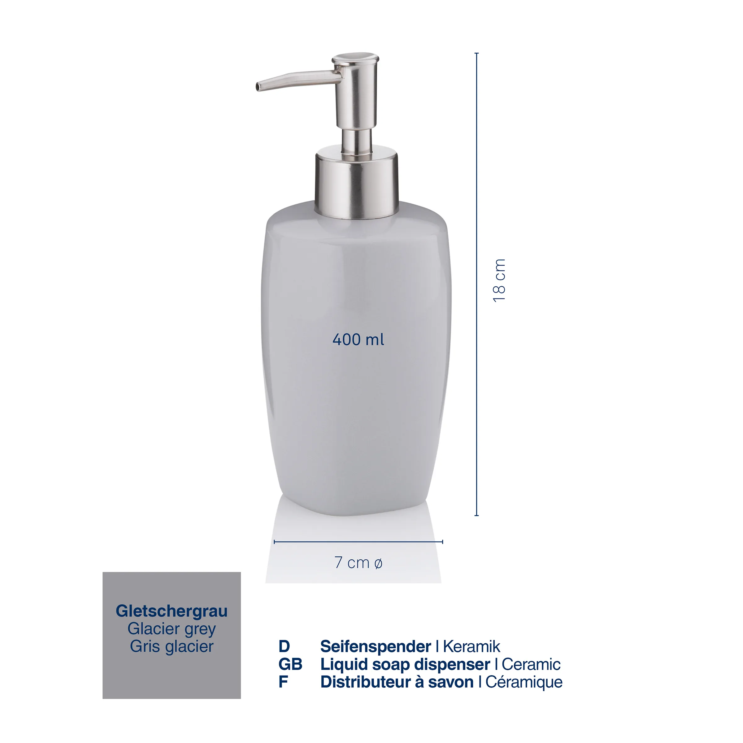 Seifenspender Keramik Gletschergrau 400ml - Badezimmer Accessoire mit Edelstahlpumpe Gletschergrauer Keramik-Seifenspender mit Edelstahlpumpe, 400 ml, 18 cm hoch, 7 cm Durchmesser