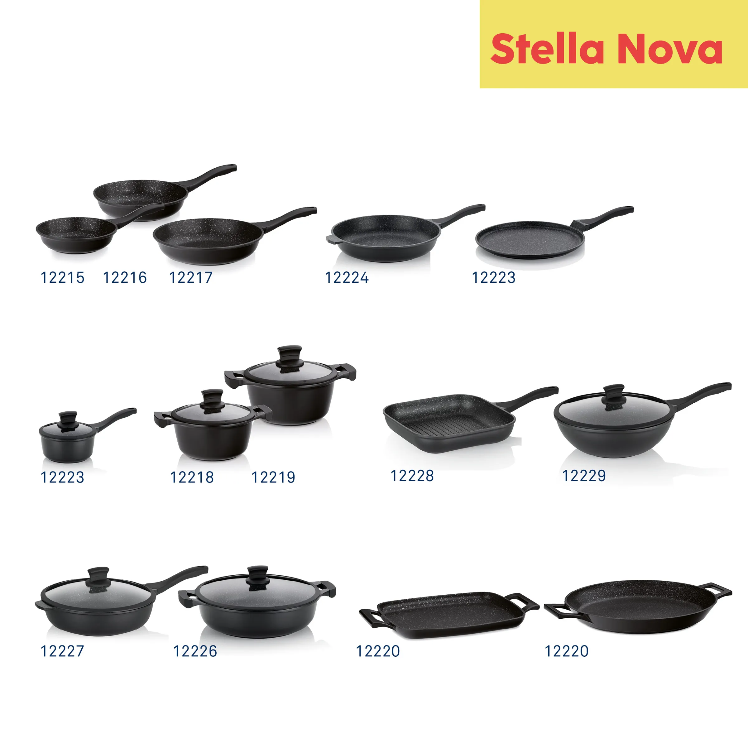 Stella Nova Kochgeschirr-Set - Pfannen, Töpfe und Grillpfanne mit Antihaftbeschichtung Stella Nova Kochgeschirr-Set: Pfannen, Töpfe mit Deckeln und Grillpfanne in schwarzer Antihaftbeschichtung