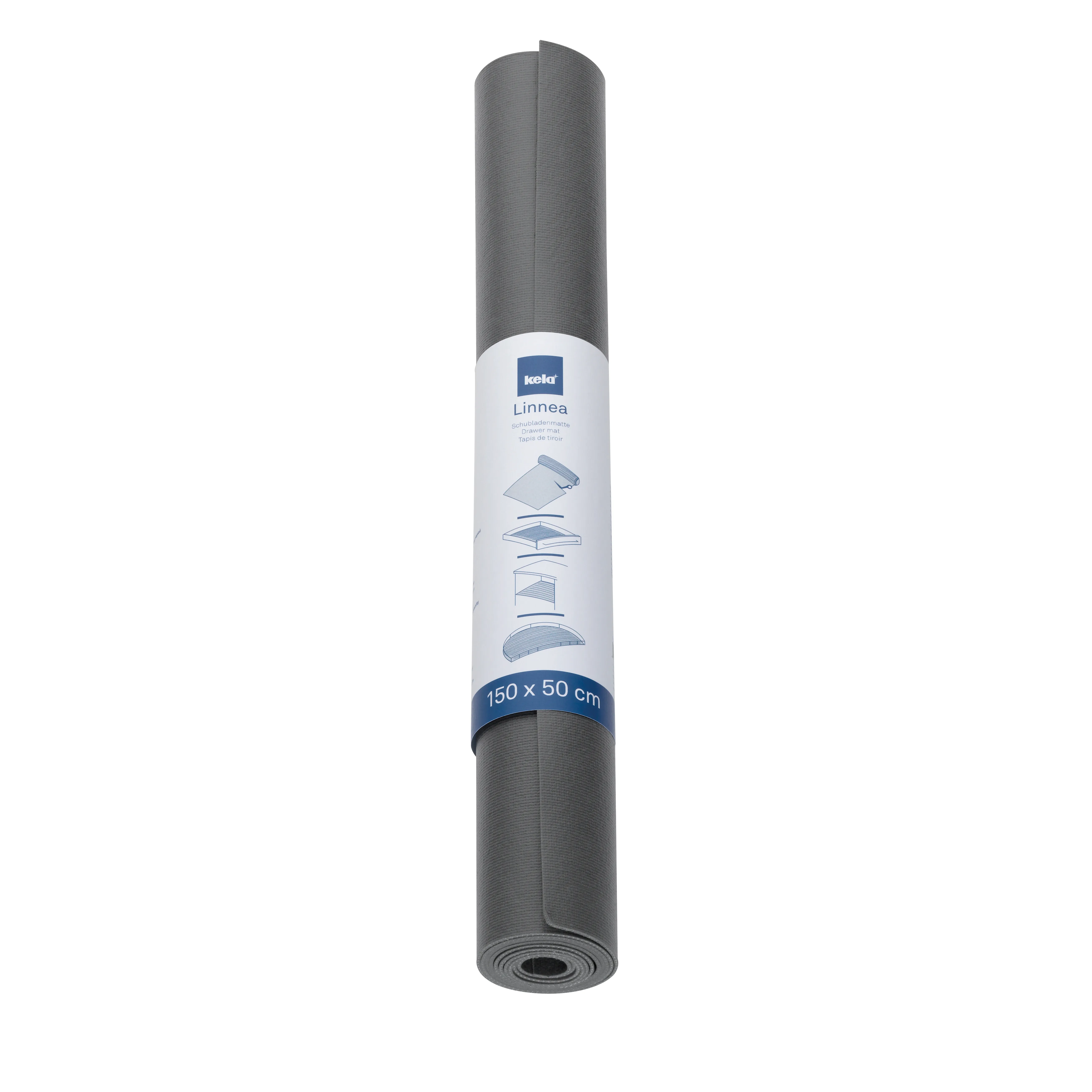 Kela Linnea Schubladenmatte 150x50 cm - Antirutschmatte für Schubladen Kela Linnea Schubladenmatte 150x50 cm in Grau, gerollt mit Produktverpackung