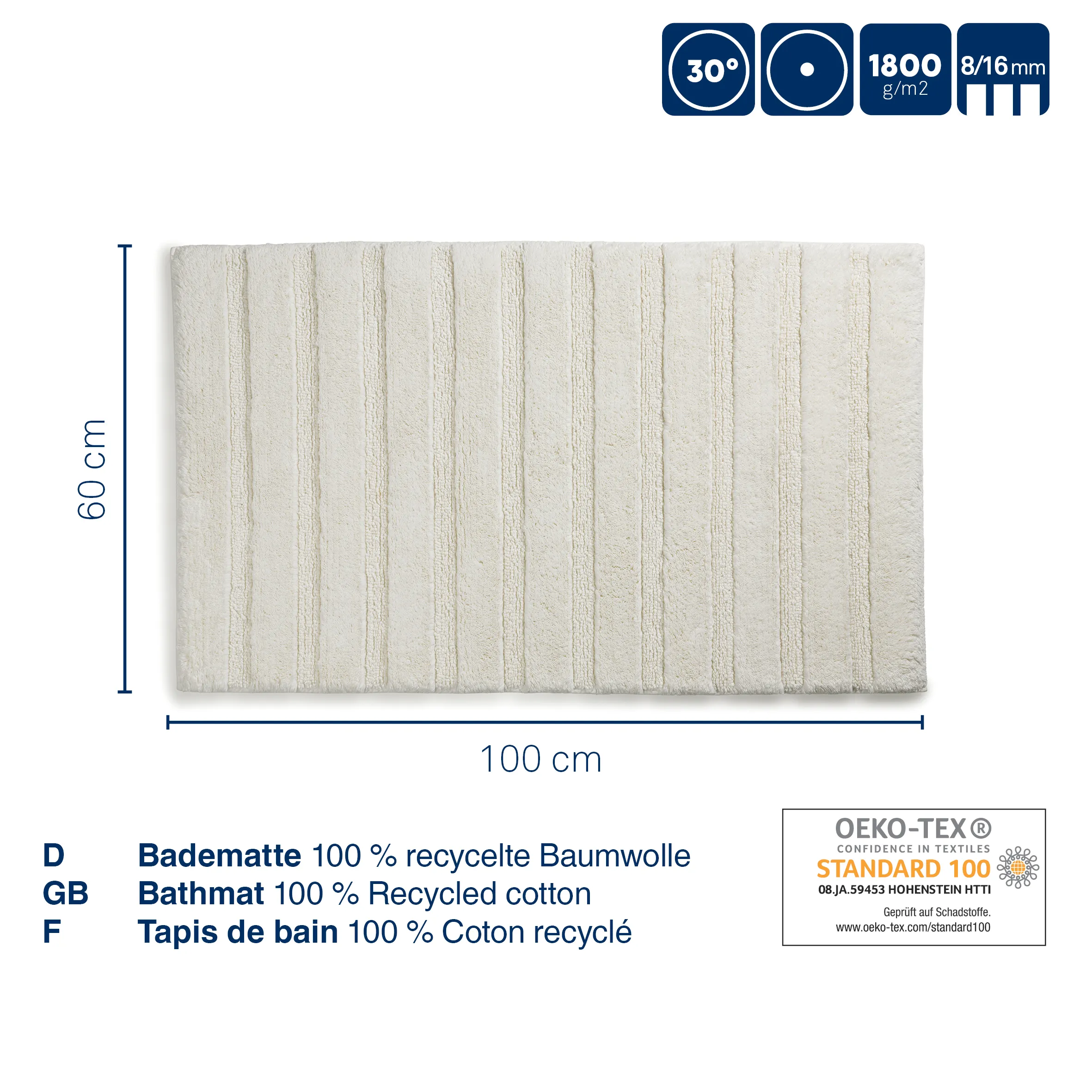 Badematte 100% recycelte Baumwolle 100x60 cm OEKO-TEX Standard 100 Cremefarbene Badematte aus recycelter Baumwolle mit Streifenmuster, 100x60 cm, 1800 g/m², OEKO-TEX zertifiziert