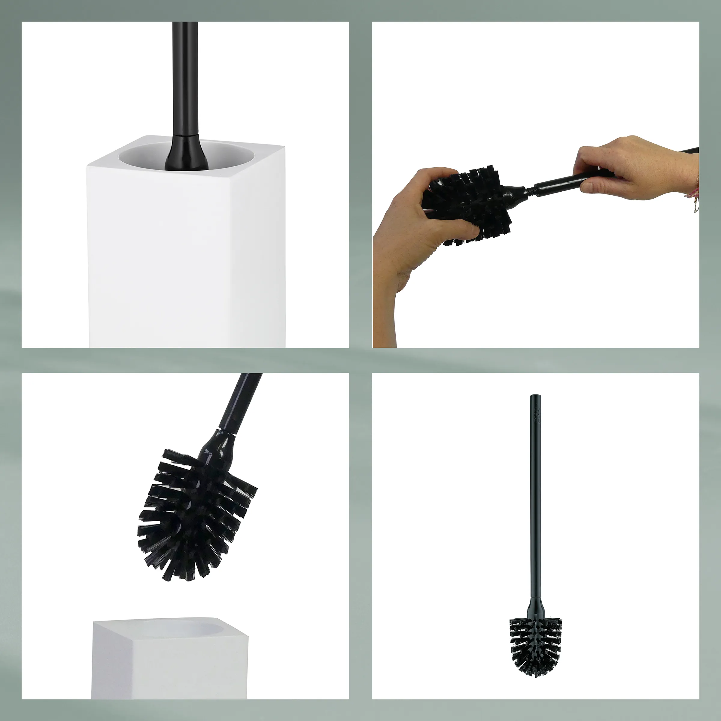 WC-Bürste Schwarz mit Halter – Moderne Toilettenbürste Set Schwarze WC-Bürste mit Halter in vier Ansichten: im Halter, in Verwendung, Nahaufnahme und Gesamtansicht