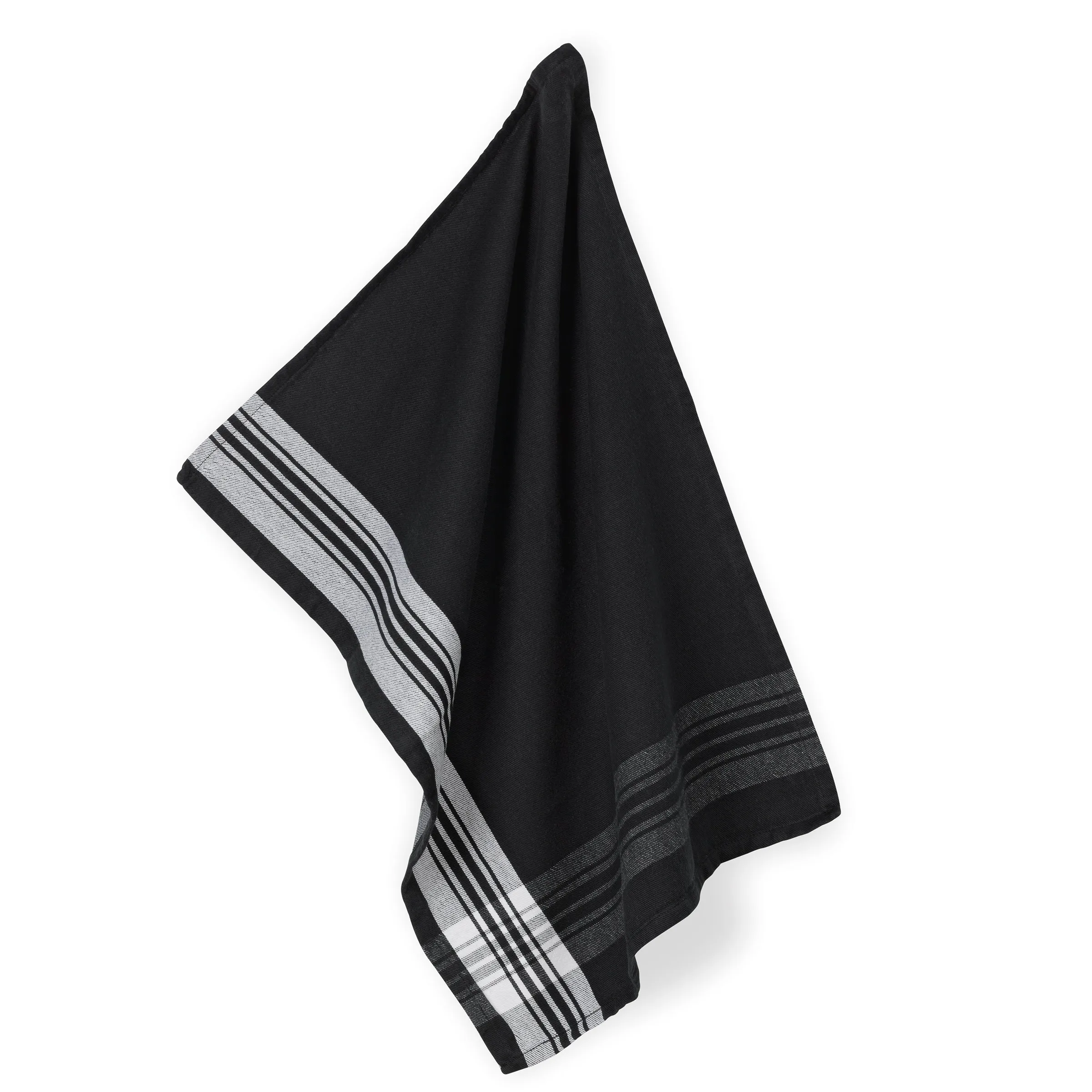 Schwarzes Handtuch mit Streifenmuster - Premium Badetuch Schwarzes Handtuch mit grau-weißen Streifenmustern an den Rändern, elegant drapiert